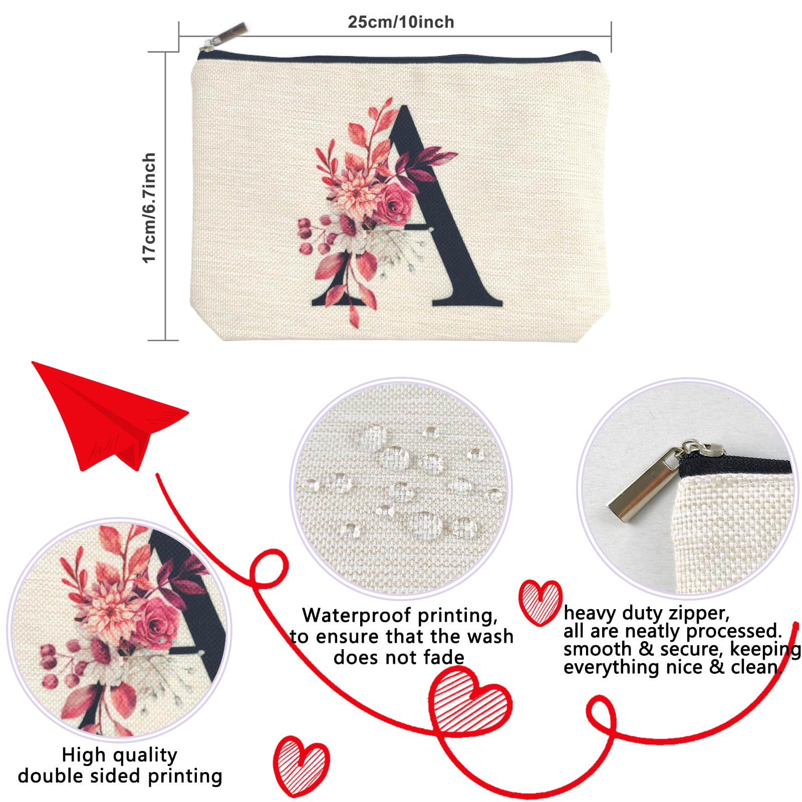 Personalized Floral Monogram Makeup Bag - Custom Initial A-Z Cosmetic Pouch for Women, Mom, Best Friend, Bride, Bridesmaid & Grandma - Perfect Birthday, Mother's Day, Christmas Gift - Small Travel Toiletry Bag for Everyday Use, Bridal Shower & Vacation Essentials (A)