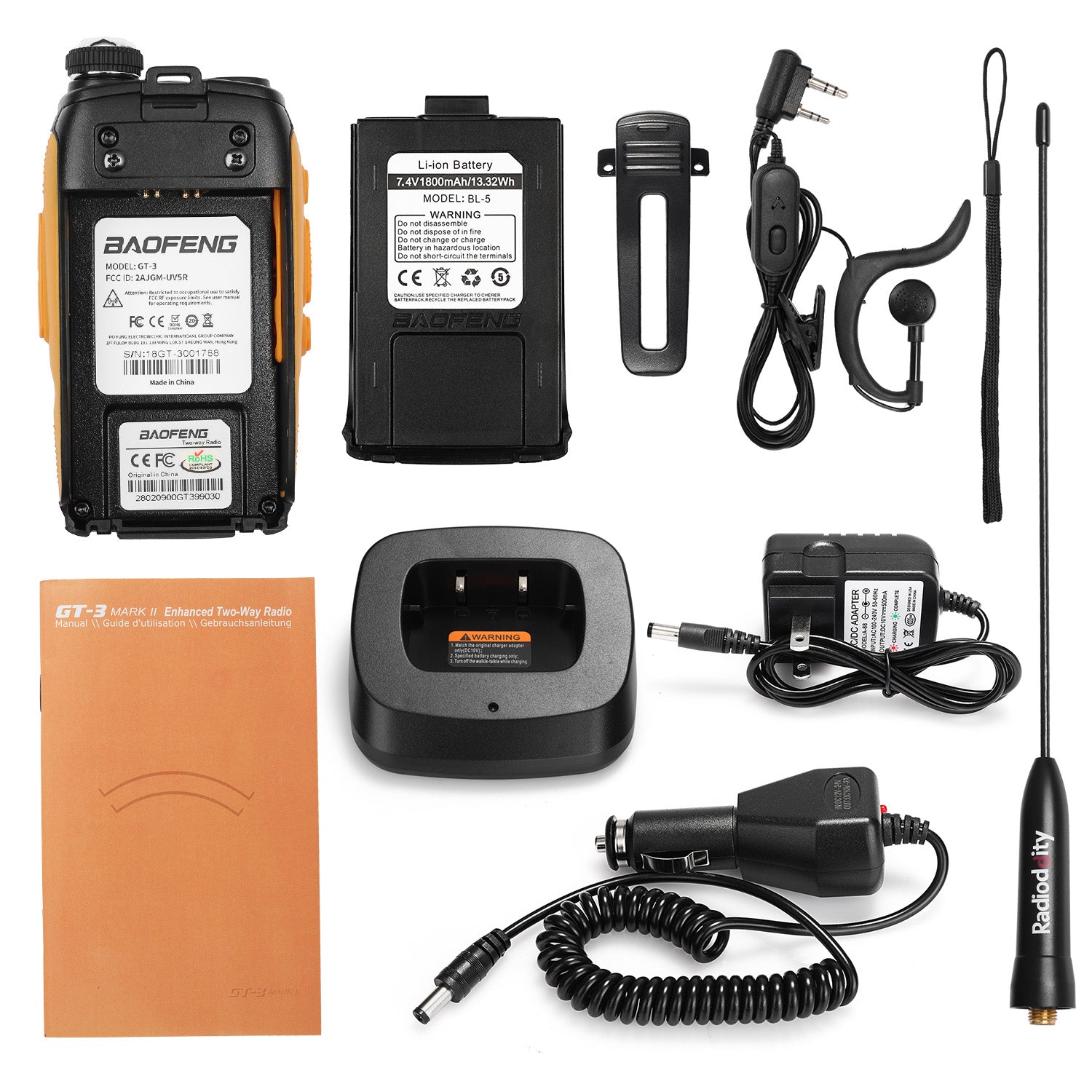 Baofeng GT-3 Mark II Two-Way Radio 2 Pack with 2 Speakers & Cable - Dual Band 5W High Power Walkie Talkie with Enhanced Antenna for Outdoor Adventures, Hiking, and Emergency Communication