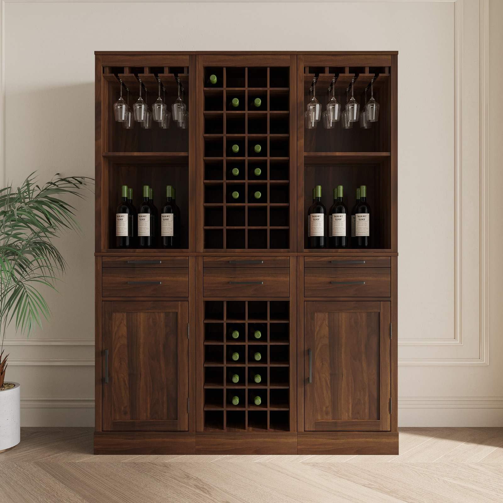 Modern Sleek Design Modular Wine Cabinet for Dining Room - 32-Bottle Storage, Walnut Brown - Perfect for Home Bar, Wine Cellar & Entertaining Guests