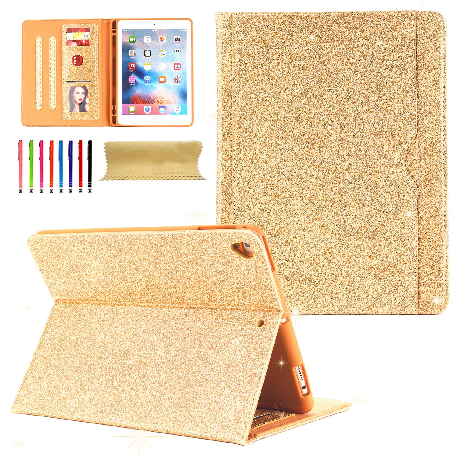 Premium Glitter PU Leather iPad 9.7 Case (2017/2018/Pro 9.7/Air 2/Air) with Pen Holder & Card Slot - Auto Sleep/Wake Stand Wallet Cover in Gold | Perfect for Work, School & Travel Protection