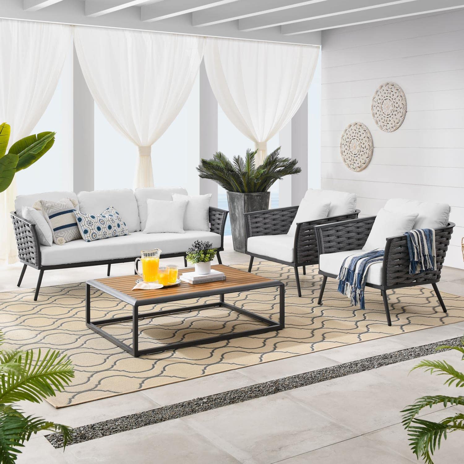 Modway EEI-3167-GRY-WHI-SET Outdoor Patio Sectional Sofa Set - Water-Resistant Gray & White Cushions - Perfect for Backyard, Poolside & Garden Relaxation