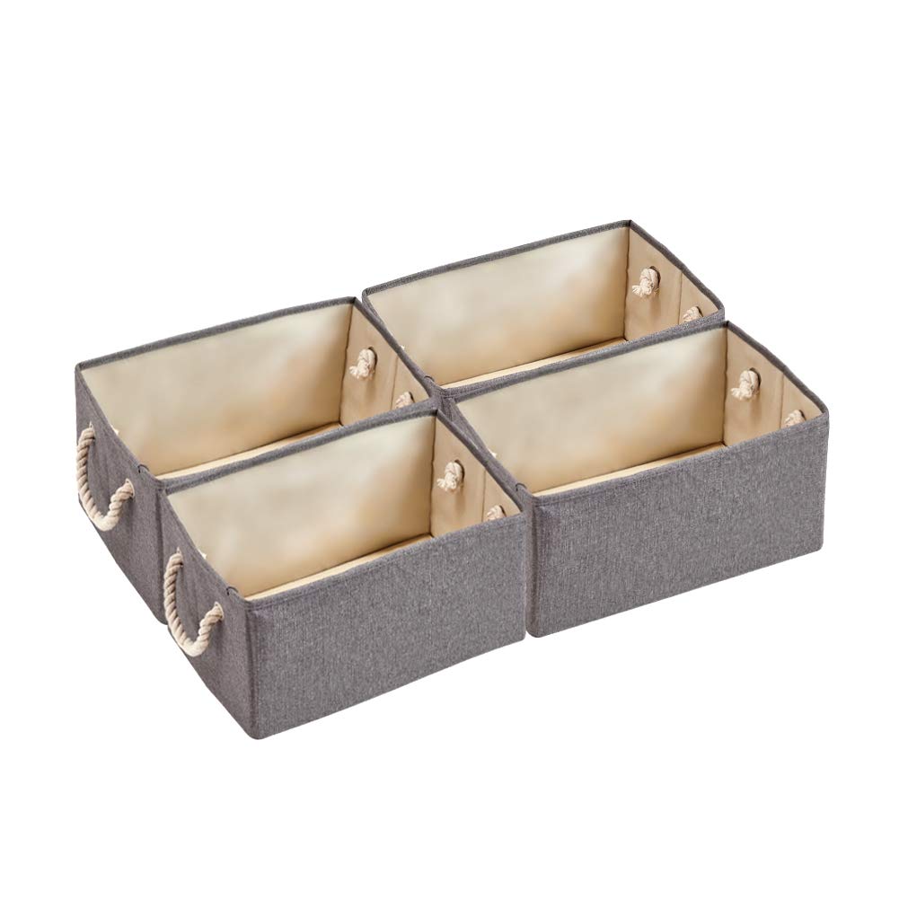 4 Pack Foldable Fabric Storage Bins with Cotton Rope Handles - Decorative Cube Organizer Baskets for Living Room, Bedroom & Closet - Grey Storage Containers for Home Organization