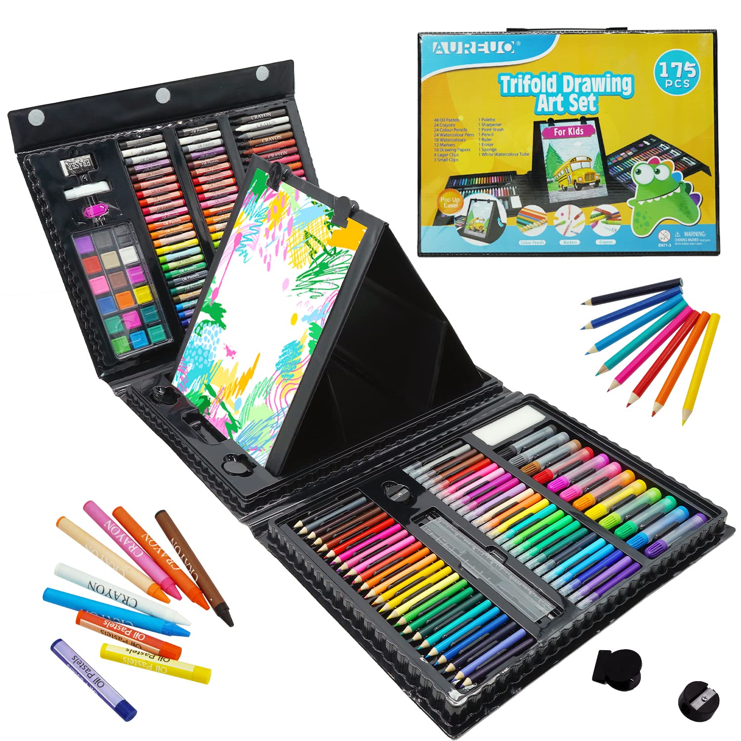 **AUREUO 175-Piece Double-Sided Trifold Easel Art Set - Portable Travel Drawing Kit with Oil Pastels, Crayons, Pencils, Felt Tip Pens, Color Cakes & Markers for Kids, Adults & Beginners - Perfect for Home, School & Outdoor Sketching**