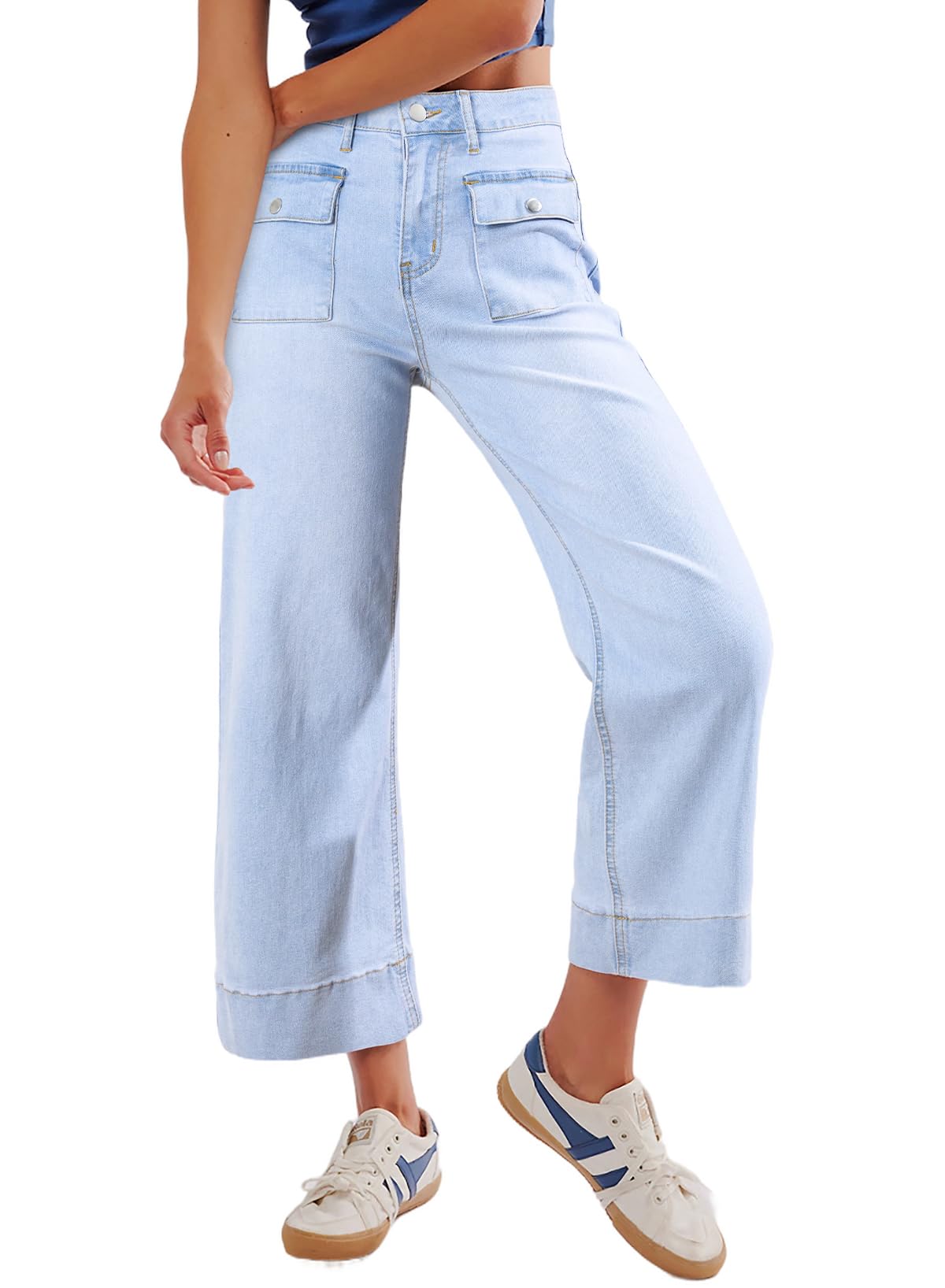 Sidefeel Women's High Waisted Wide Leg Stretchy Jeans with Patch Pockets | Comfortable Spring Outfit | Perfect for Casual Wear, Office & Date Night