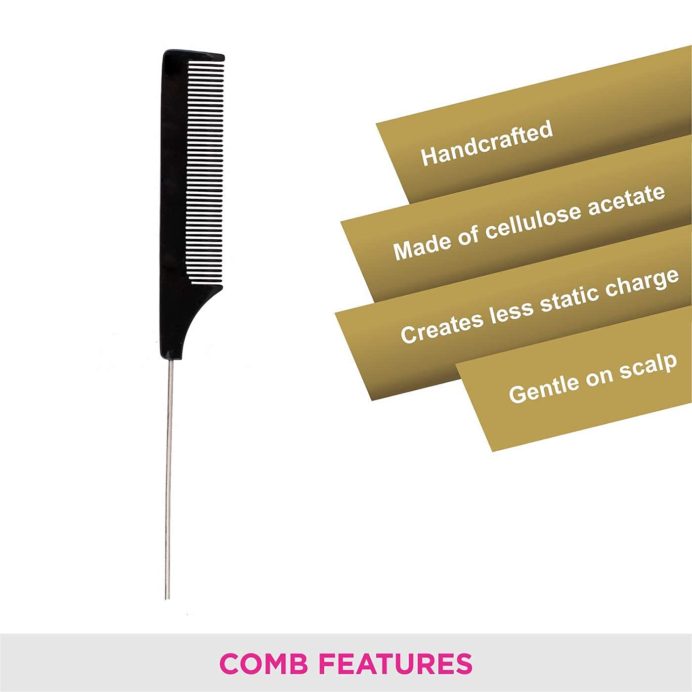 Carbon Fiber Heat Resistant Teasing Comb - Stainless Steel Pintail & Rat Tail Comb for Women & Girls - Professional Hair Styling Tool for Salon, Home Use & Travel (Black)