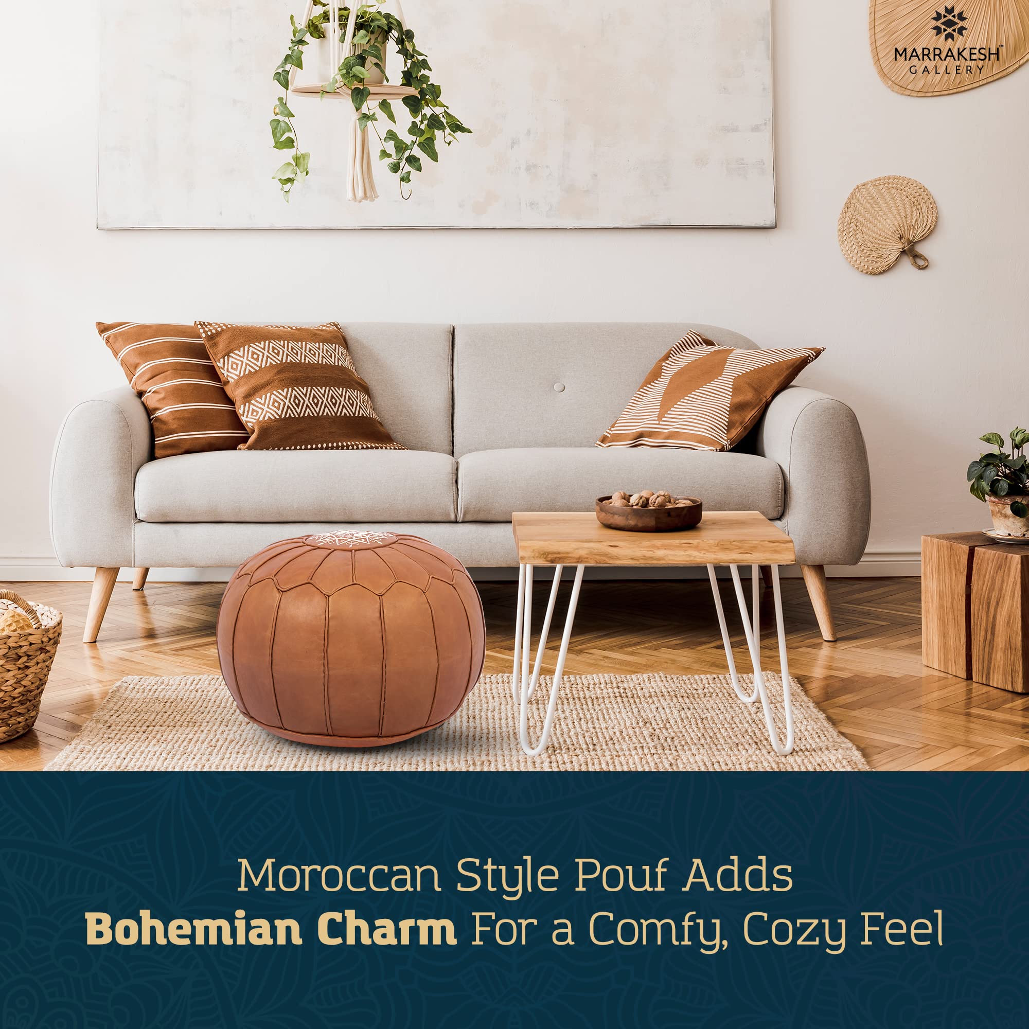Genuine Leather Moroccan Pouf Ottoman - Unstuffed Round Footstool Cover for Boho Decor | Bohemian Living Room, Bedroom & Nursery Accent | Perfect Gift & Wedding Present | Use as Floor Seating, Footrest or Stylish Home Decor