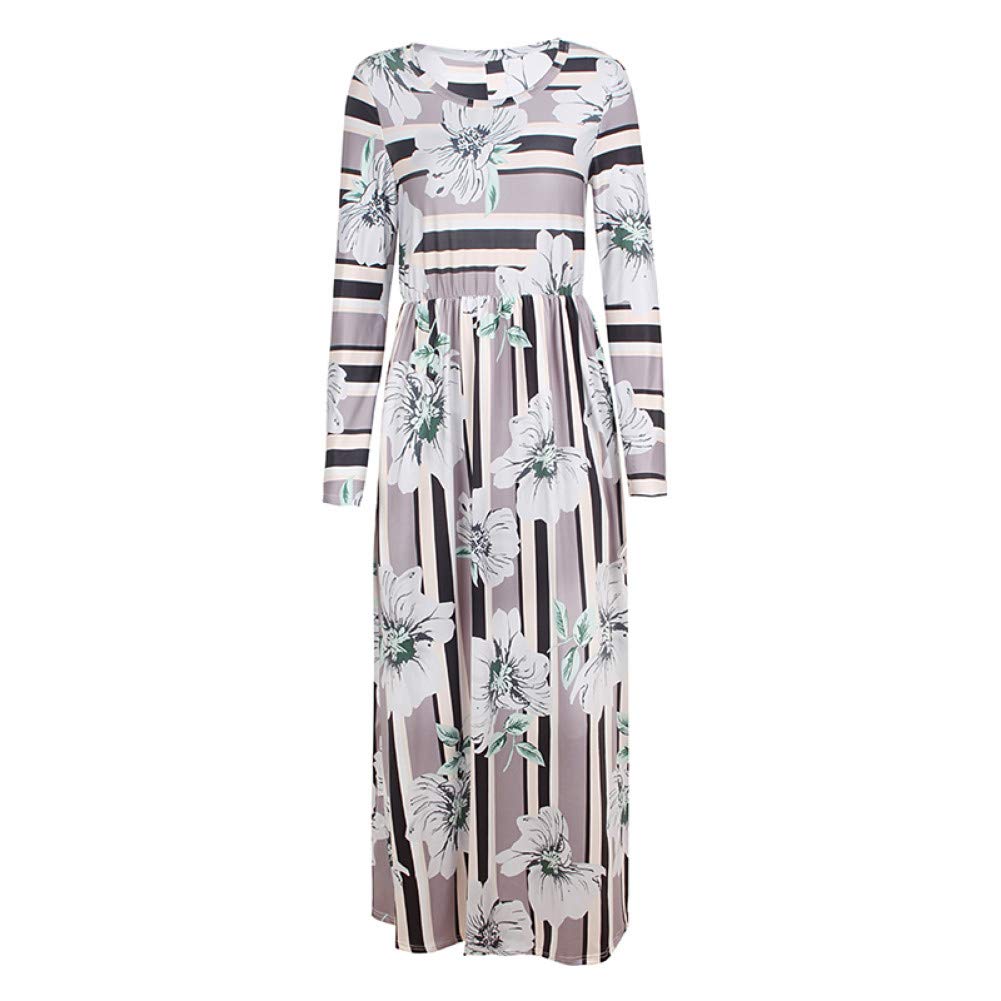 Women's Long Sleeve Maxi Dress with Striped Floral Print - High Waist Tunic Casual Dress with Pockets | Perfect for Fall Outfits, Date Nights & Office Wear