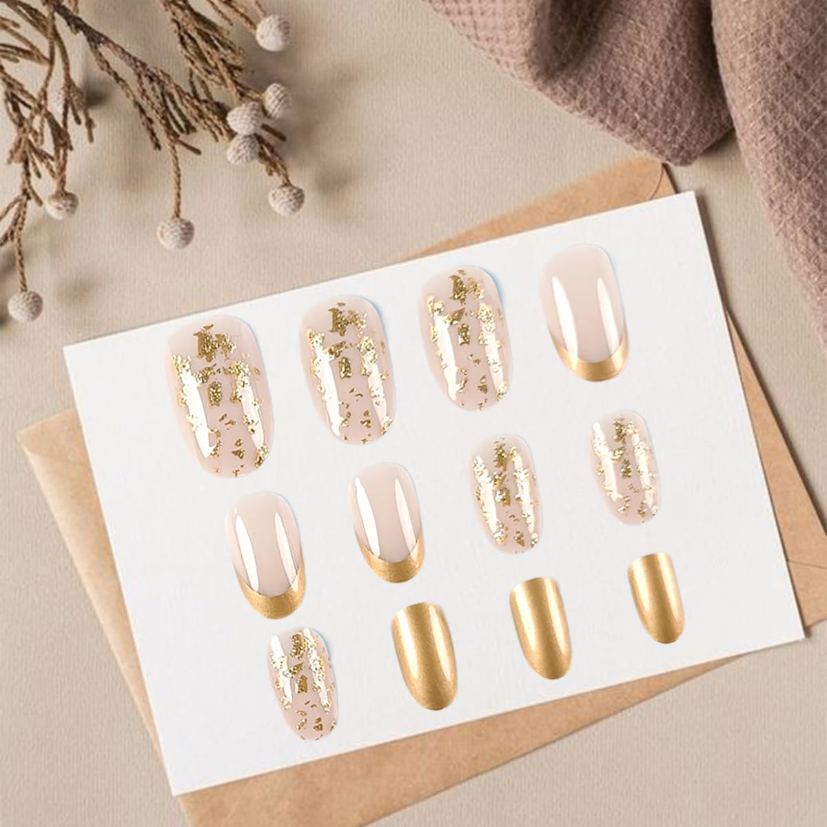 24pcs Gold French Tip Press on Nails - Medium Almond Fake Nails with Glitter | Full Cover Glue on Artificial Nails for Women | Perfect for Parties, Weddings & Daily Nail Art Decorations