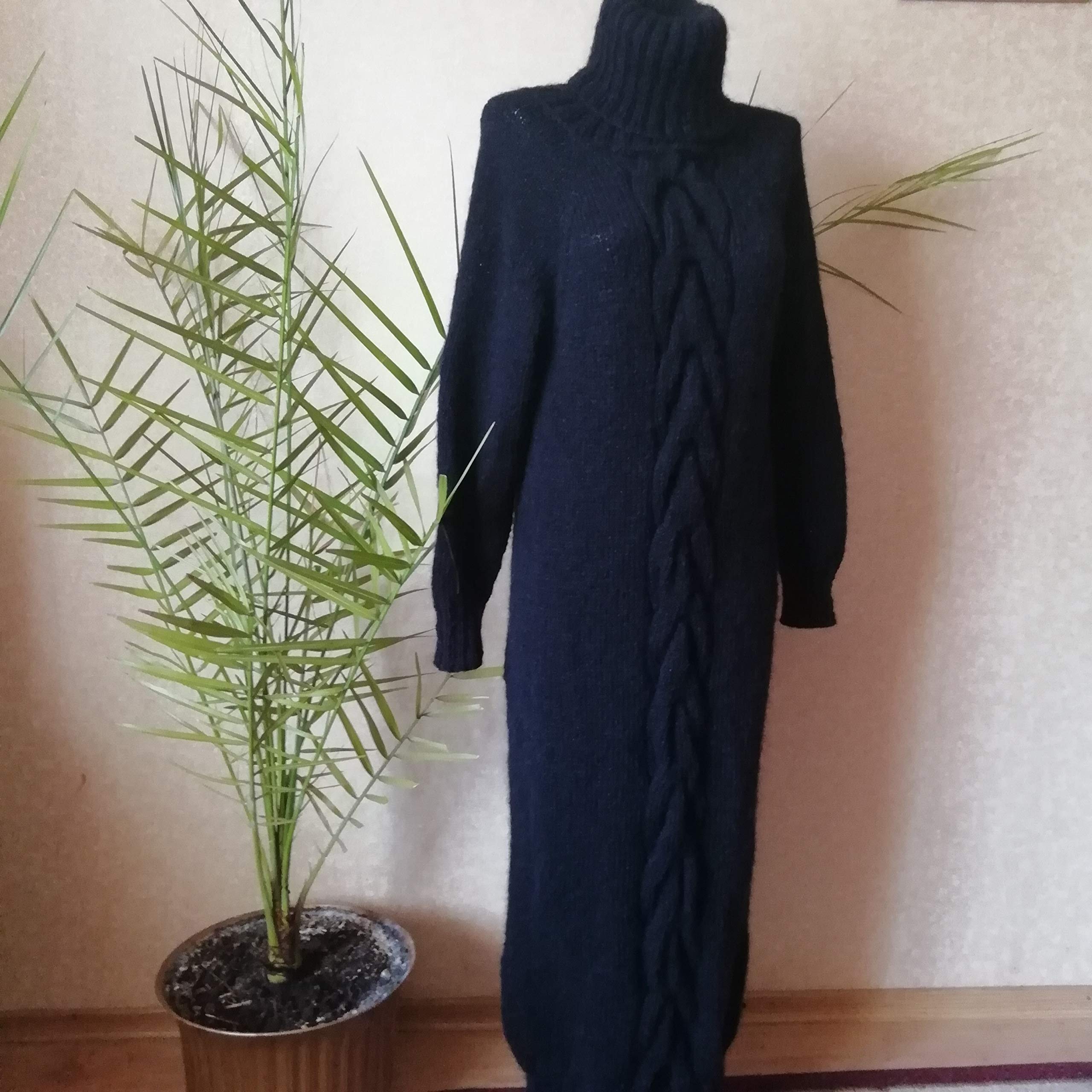 Black Mohair Knitted Sweater Dress for Women - Extra Long Handmade Winter Pullover with Collar | Perfect for Holiday Parties, Date Nights & Office Wear