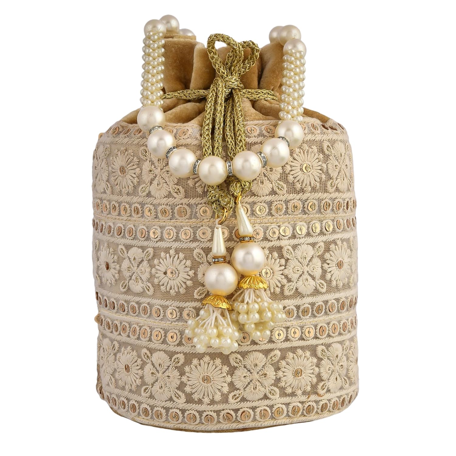 Luxury Velvet Lucknowi Embroidered Potli Bags for Women - Traditional Indian Ethnic Drawstring Purse with Pearl Handle - Perfect for Weddings, Parties & Festivals - Golden    (Ideal for bridal accessories, cultural events, Diwali celebrations, and as elegant gift packaging)