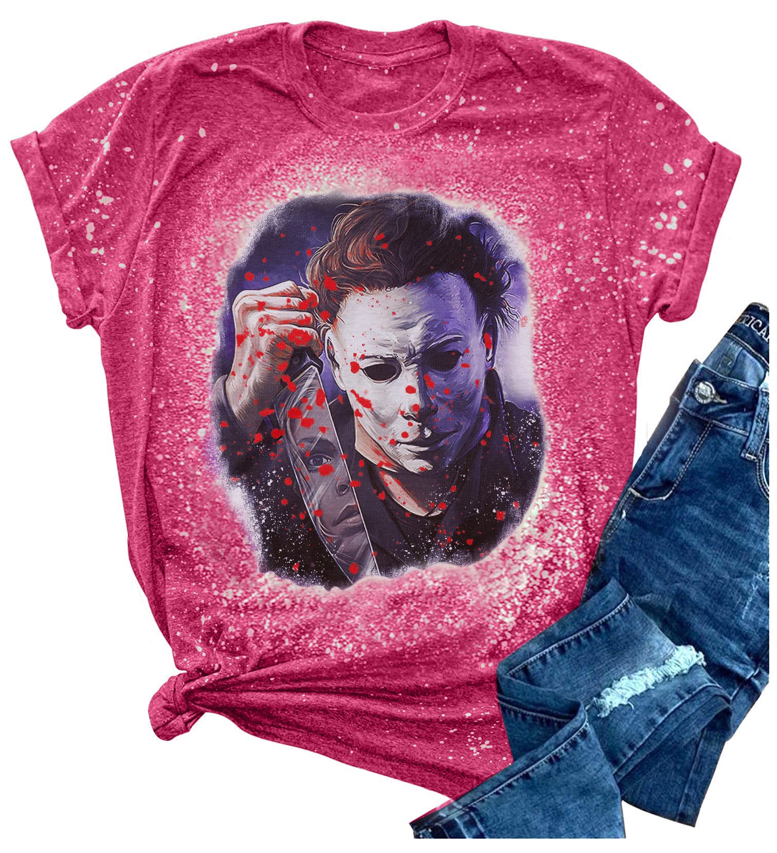 Michael Myers Women's Horror Movie Bleached T-Shirt | Halloween Graphic Short Sleeve Top | Funny Halloween Costume & Horror Fan Gift