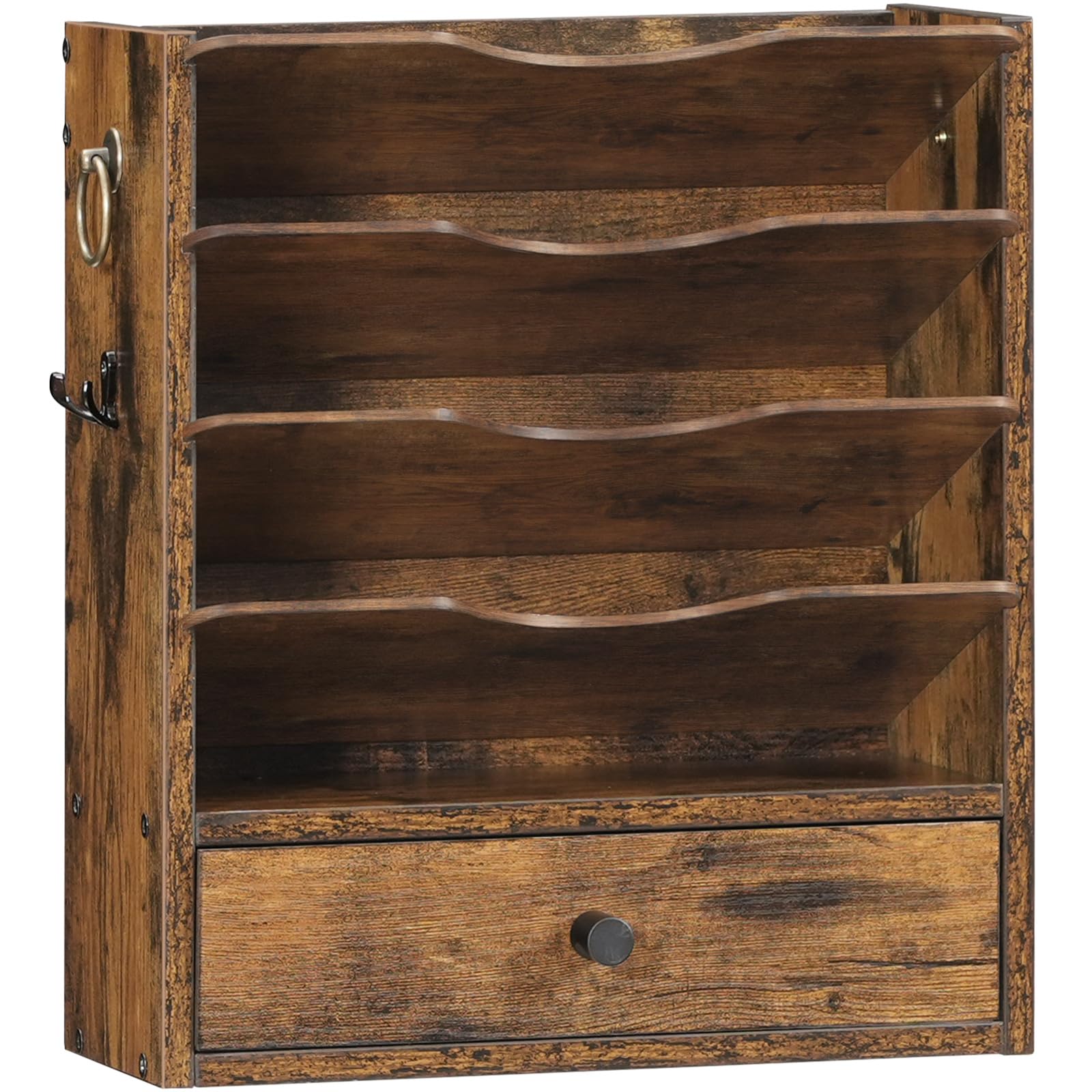 HOOBRO Rustic Brown Wall File Organizer with Drawer Storage & 2 Hooks - Wooden Mail & Literature Organizer for Office, Classroom, Home - Perfect for Organizing Documents, Letters, and Construction Papers on Walls