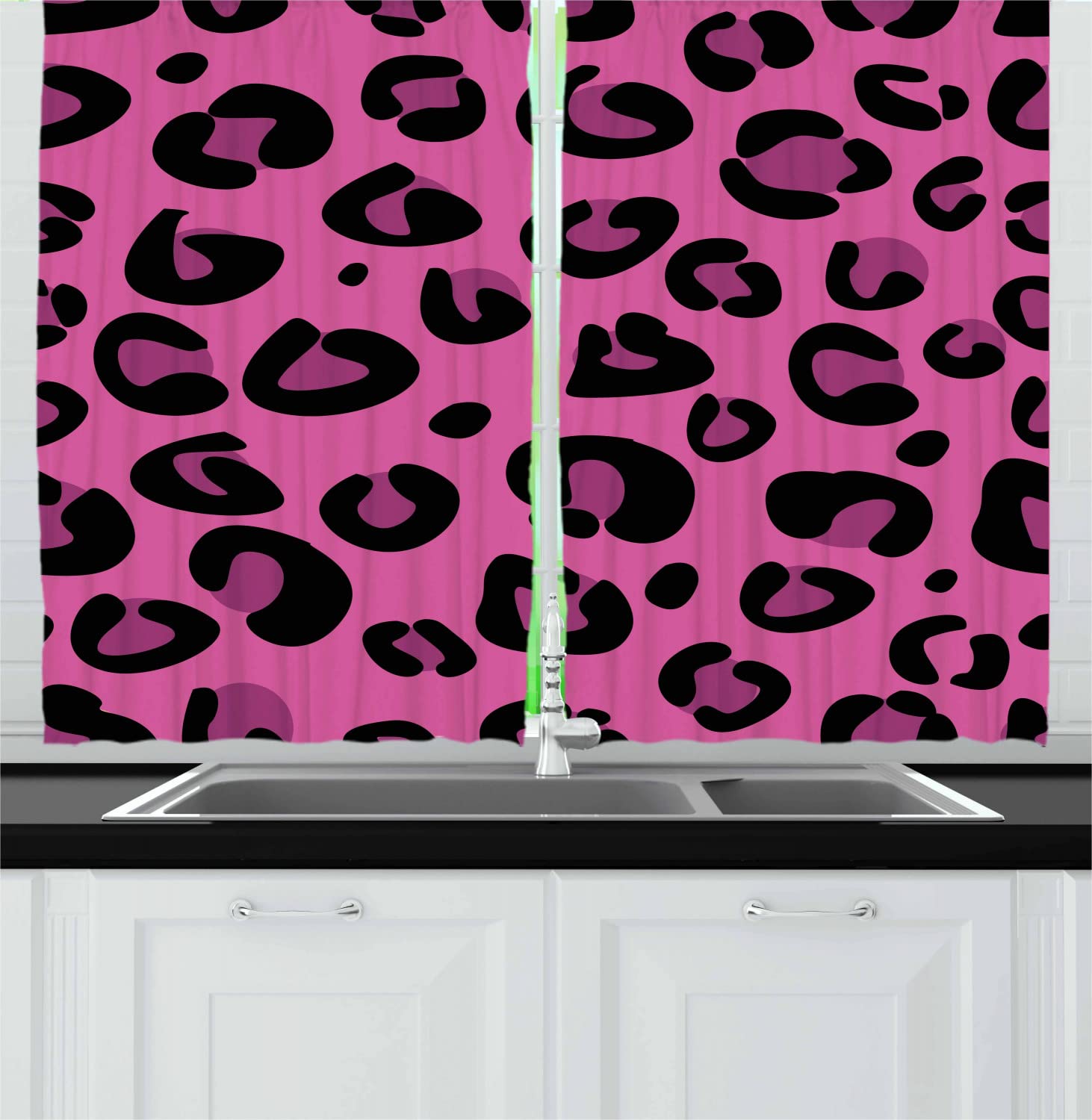 Ambesonne Hot Pink Long Kitchen Curtains - Leopard Print Animal Pattern Abstract Design, Wild Savannah Jungle Theme Drapes - 2 Panels with Rod Pocket, 55