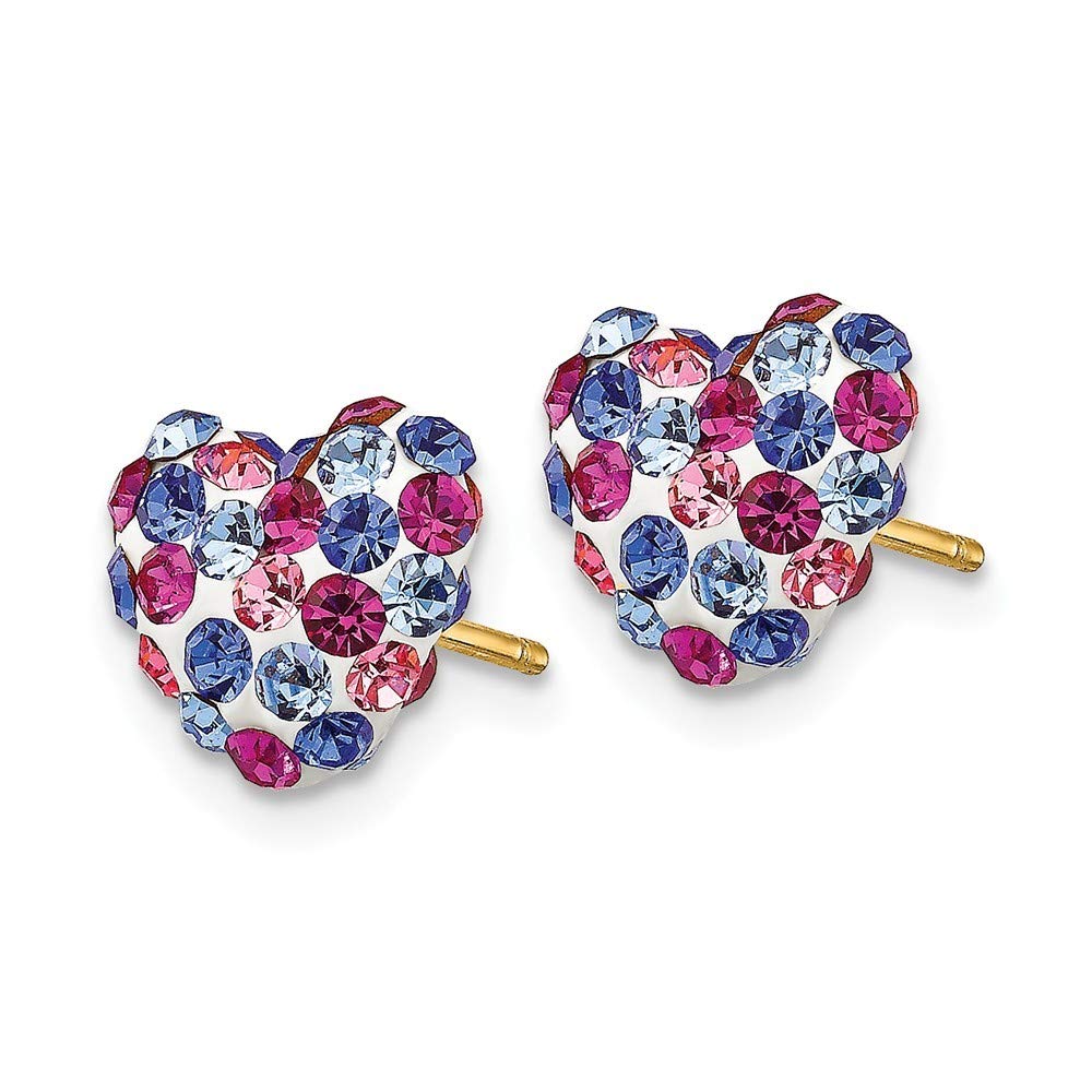 14K Yellow Gold Heart Post Earrings with Blue, Pink & White Crystals - 8mm Elegant Studs for Women, Perfect for Valentine's Day, Anniversary & Everyday Wear