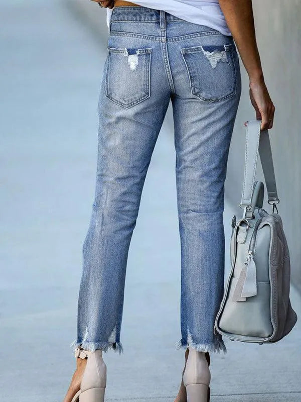 Women's Ripped Straight Leg Jeans - High Waist Distressed Denim Pants for Casual Wear & Street Style Fashion