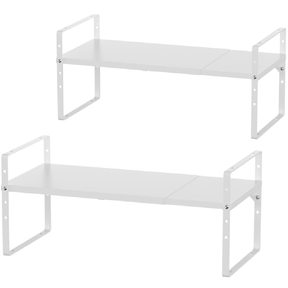 Slideep Stackable Cabinet Shelf Organizers - Expandable Countertop Storage Shelves for Kitchen, Pantry, Bathroom & Office - 2 Pack White Metal Plate Spice Rack & Cupboard Stand - Perfect for Organizing Spices, Cosmetics, Books & Small Items