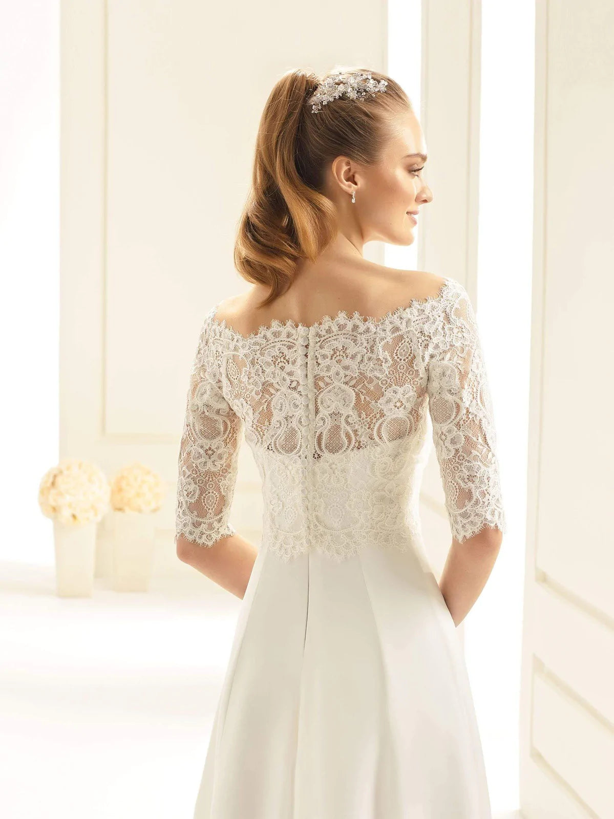 Bianco Evento Ivory Lace Bolero - Elegant Wedding Dress Cover Up & Bridal Lace Top E255 | Perfect for Bridal Showers, Church Weddings & Formal Occasions