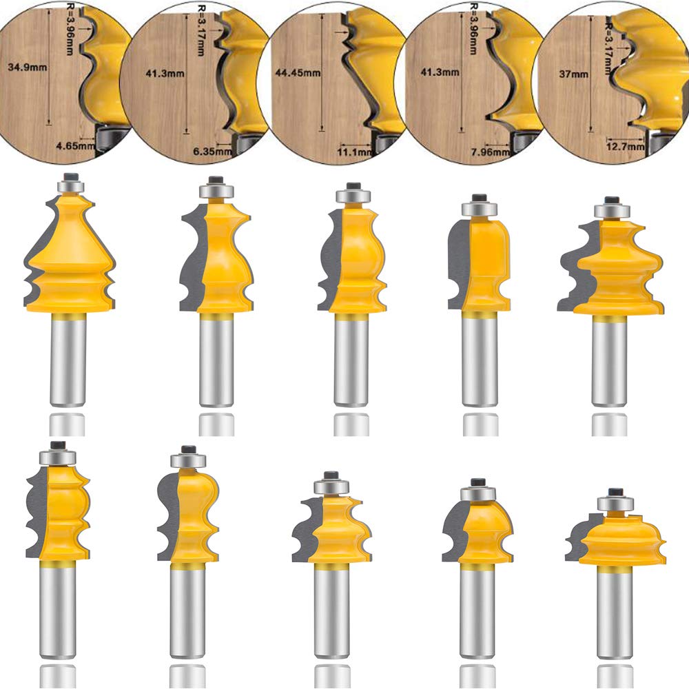LEATBUY 10-Piece 1/2 Inch Shank Architectural Router Bit Set for Woodworking - Corner Rounding, Edge Beading & Molding Bits for Doors, Drawers & Cabinets - CNC Wood Milling Tools (1/2-10 Line) - Perfect for DIY Home Improvement & Professional Woodworking Projects