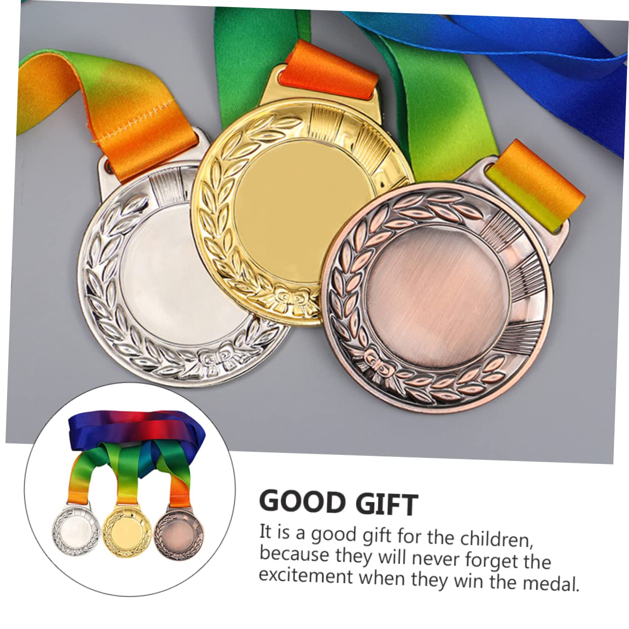 KITANDOVE 3-Piece Medal Set with Ribbon - Gold Silver Bronze Award Medals for Sports Competition, School Events, and Party Games - Wheat Ear Design Metal Medals for Winners and Prizes