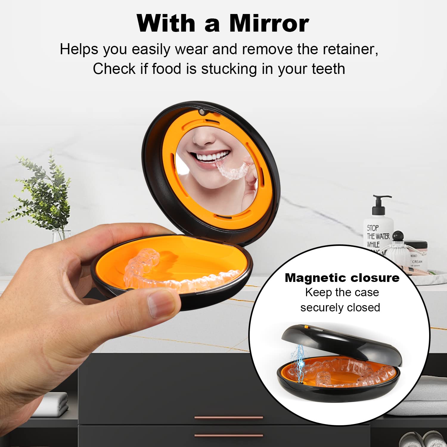 Premium Slim Retainer Case with Adjustable Vent Holes & Mirror - Compatible with Invisalign, Night Guards, Mouth Guards - Includes Aligner Remover Tool & Chew/Brush Accessories (Black) - Perfect for Travel, Gym & Daily Dental Care