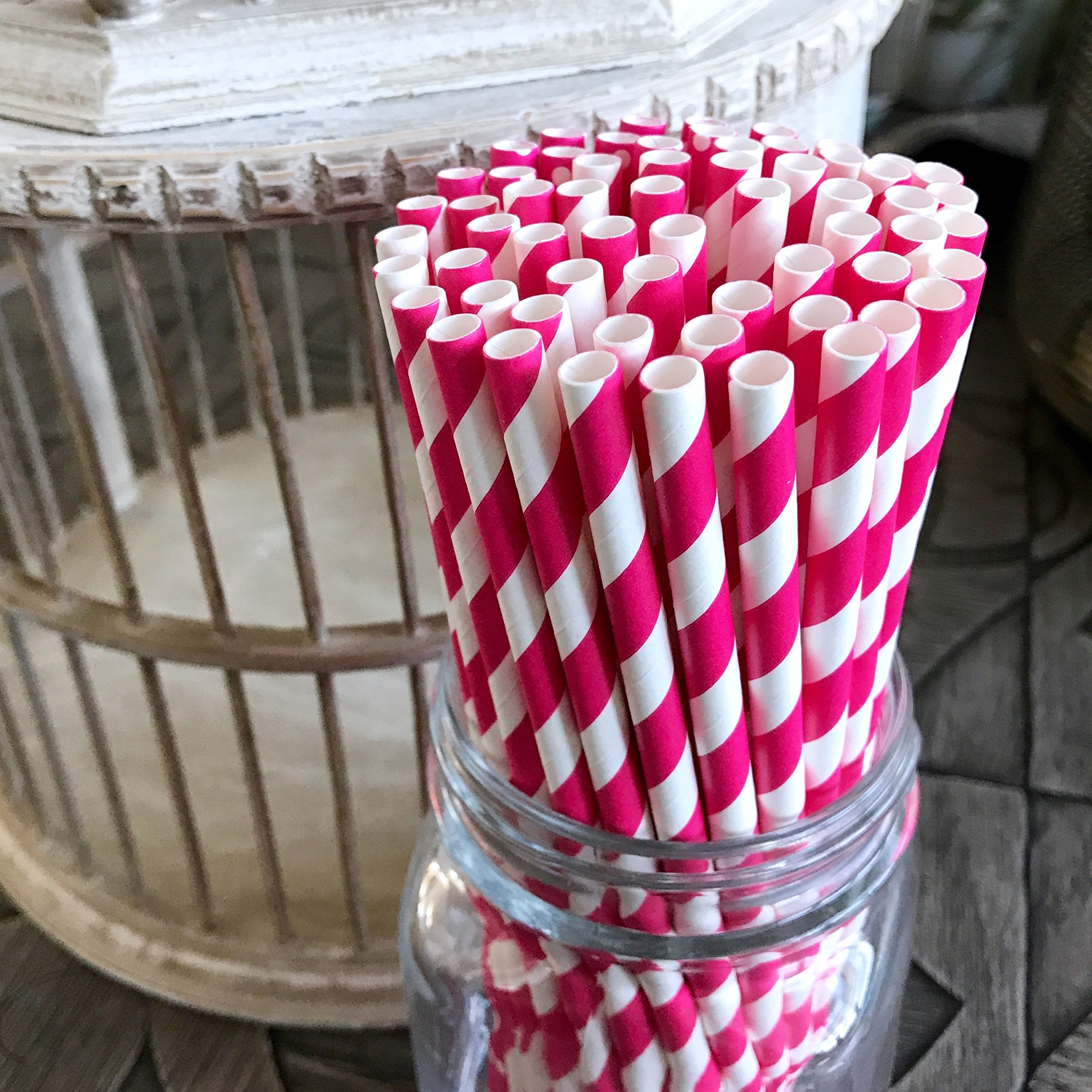 Diva Theme Stripe & Polka Dot Paper Straws 7.75 Inch - 100 Pack Hot Pink, Black & White - Perfect for Birthday Parties, Baby Showers & Wedding Decorations