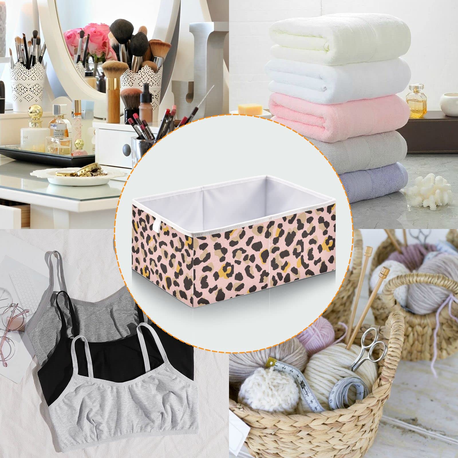 Foldable Collapsible Leopard Print Storage Baskets - 16 x 11 Inch Organizer Bins for Shelves, Closet, Pantry | Perfect for Toys, Books, Clothes & Office Supplies | Space-Saving Home Organization Solution