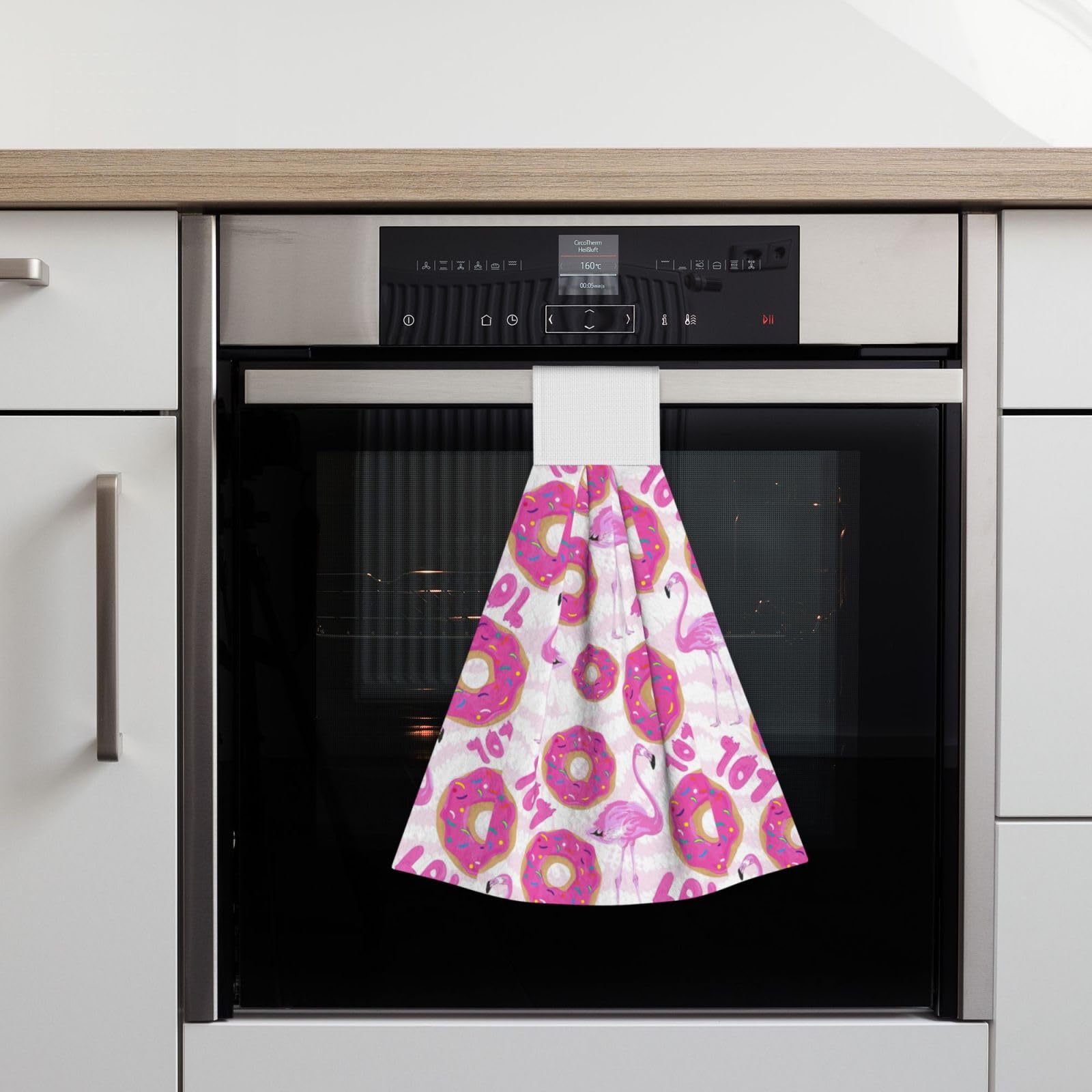 Flamingo & Donuts Hanging Kitchen Towel Set - Soft Coral Velvet Hand Towels with Loops for Bathroom, Kitchen & Dish Wiping | Cute Home Decor & Practical Cleaning Cloth for Daily Use