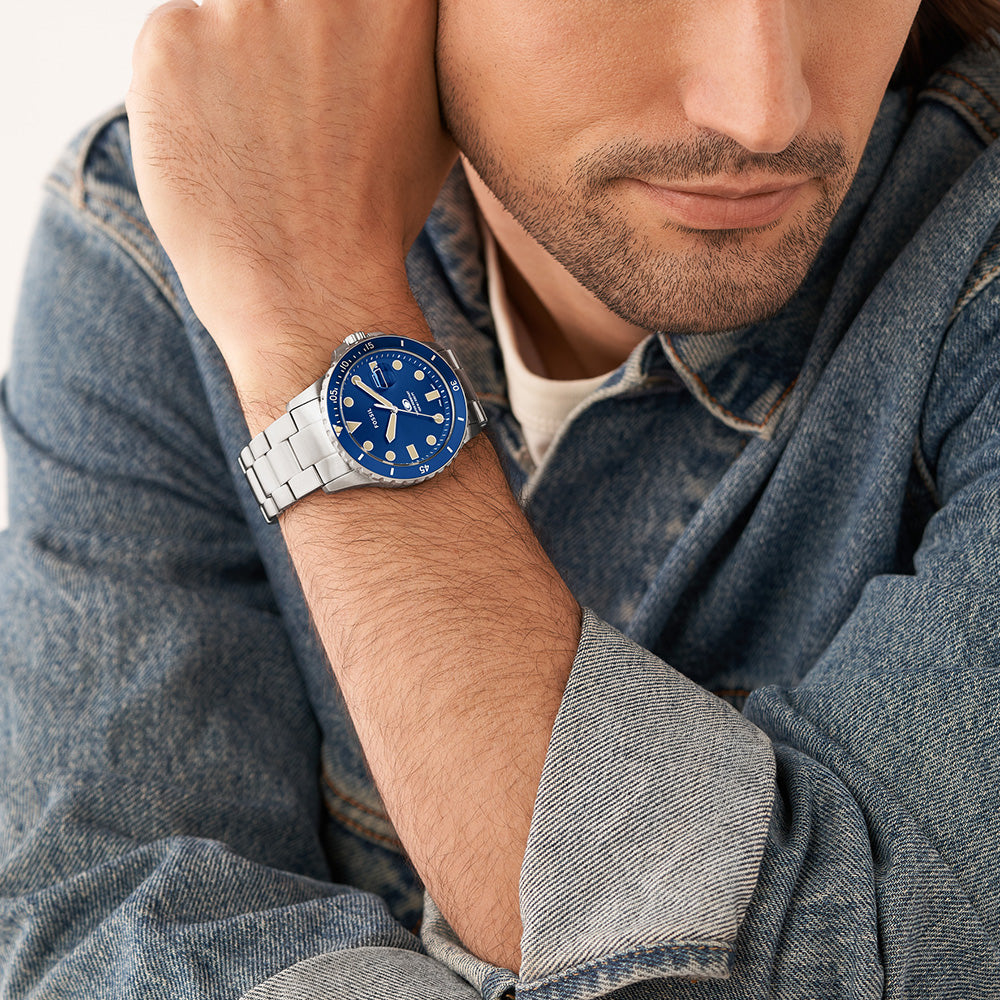 Fossil FS5949 Blue Stainless Steel Watch for Men - Classic Analog Quartz Timepiece with Leather Strap - Perfect for Business, Casual & Everyday Wear