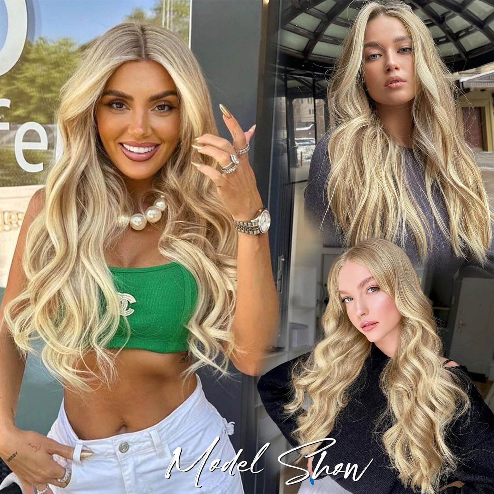 RECOOL 20 Inch Real Human Hair Extensions - Balayage Light Blonde to Bleach Blonde Remy Hair with Invisible Wire, Straight Clip-in Extensions for Daily Wear & Special Occasions