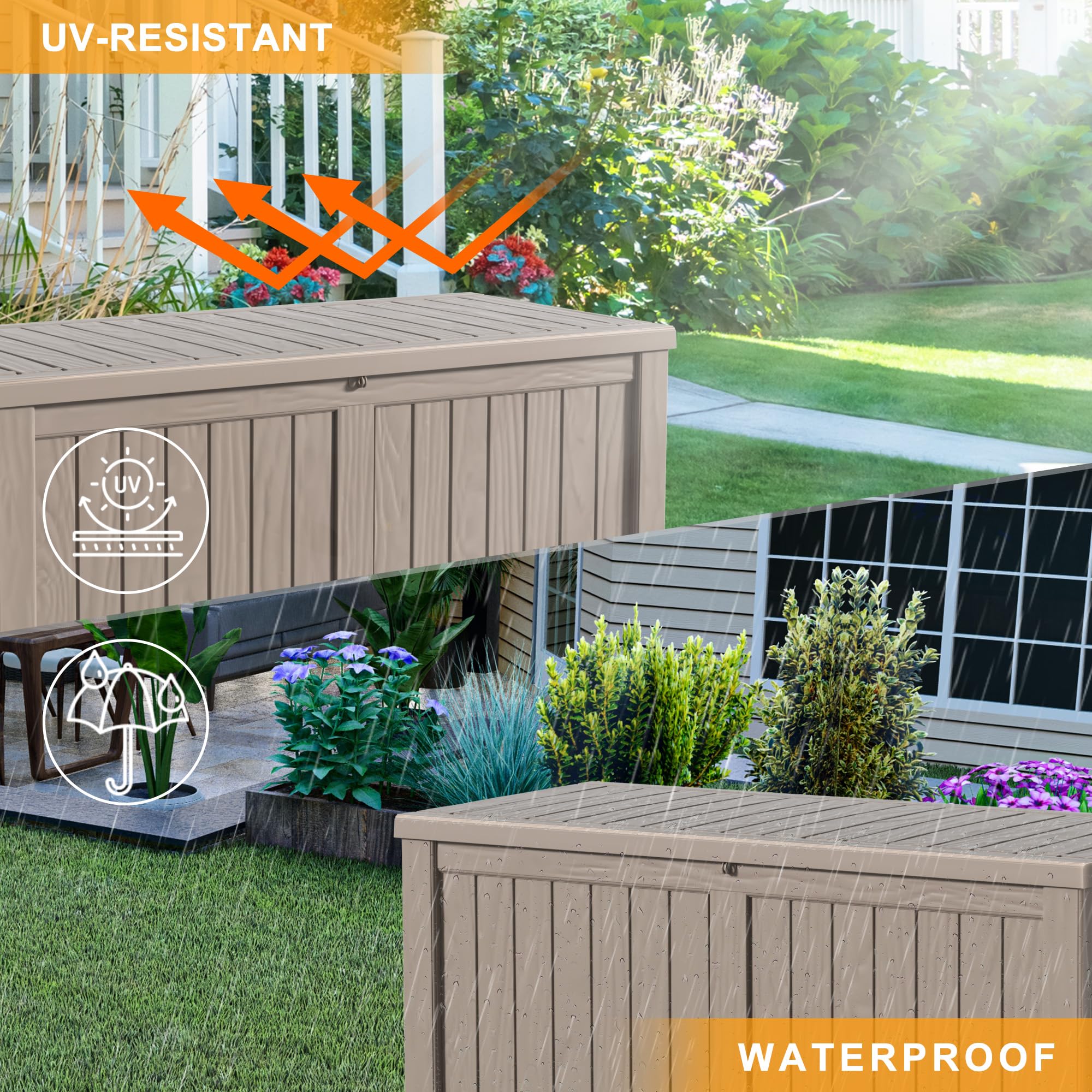 **120 Gallon Outdoor Deck Storage Box - Lockable Waterproof Patio Furniture Organizer for Garden Tools, Pool Accessories & Cushions - Durable Resin Design (Light Brown) - Perfect for Backyard, Deck & Poolside Storage**