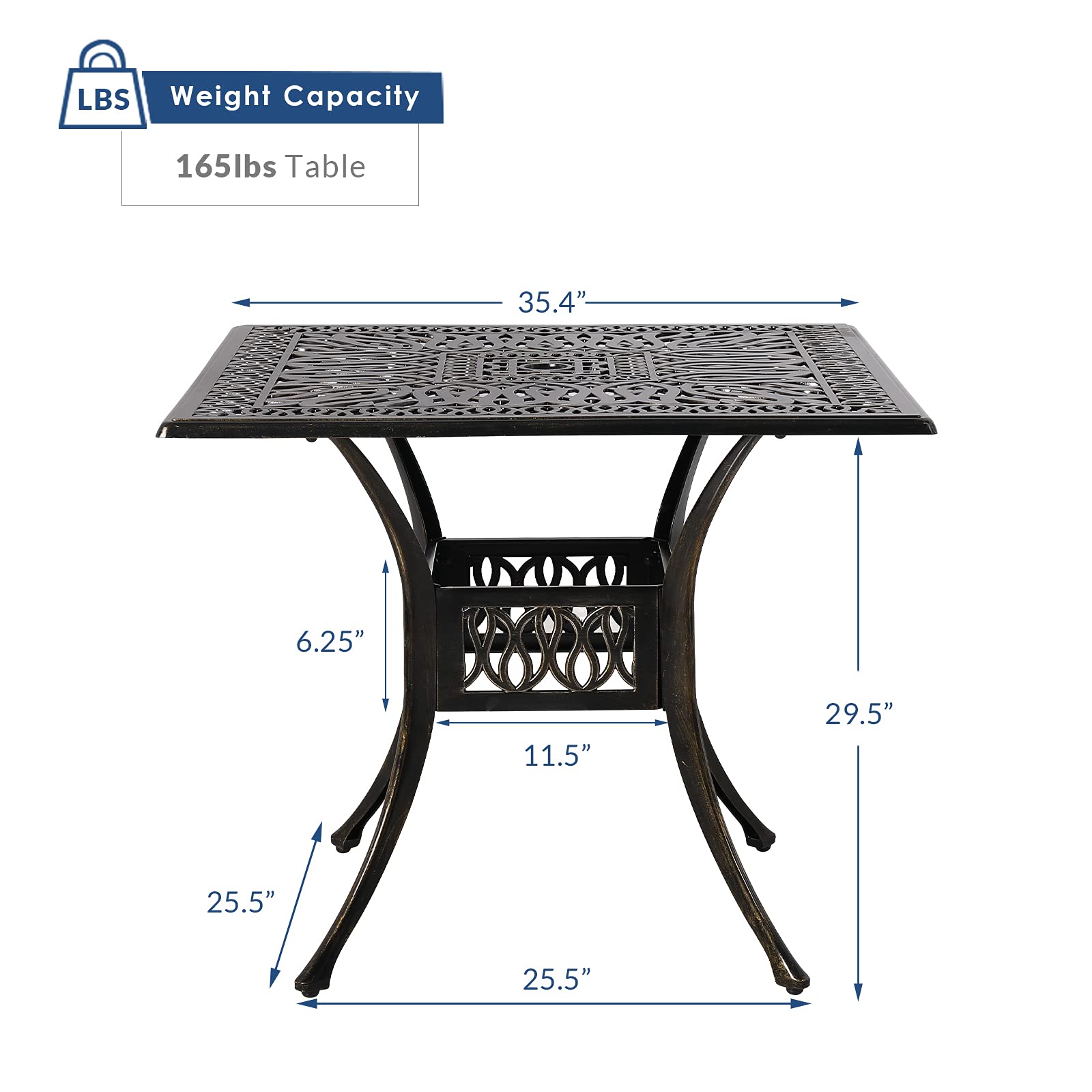 35.4 Inch Square Outdoor Dining Table - Rustic Bronze Cast Aluminum Patio Table with Umbrella Hole | Perfect for Backyard, Garden & Poolside Gatherings