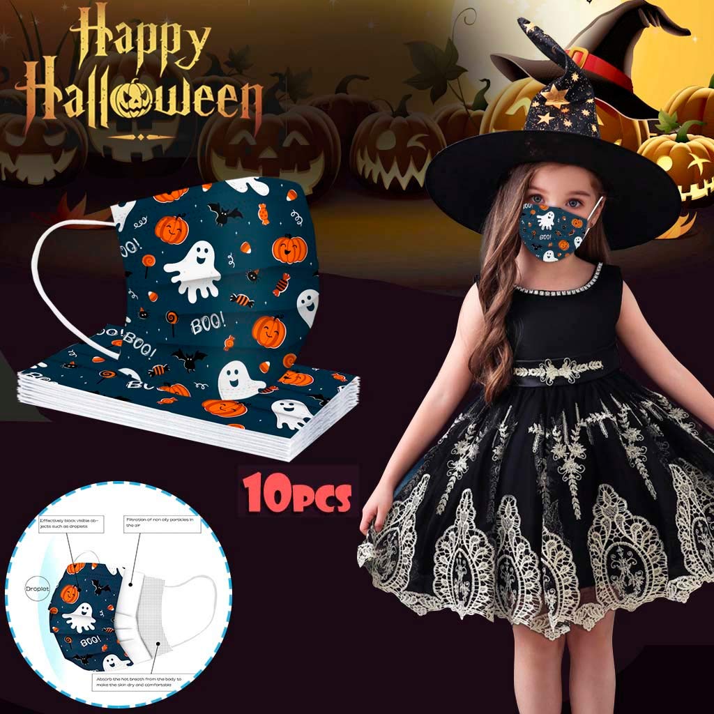 10Pcs Disposable 3-Ply Earloop Face Masks for Kids - Breathable Comfort Protection - Halloween Printed Design - Perfect for School, Travel, Parties & Daily Use