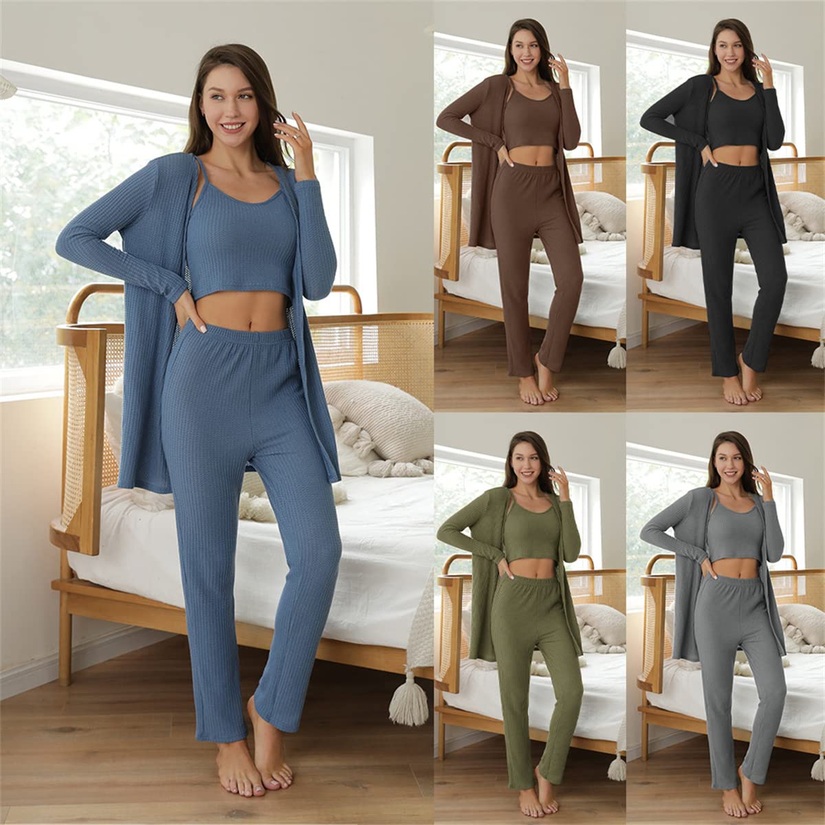 MATERUIEYES Women's Waffle Knit Pajama Set - Long Sleeve Solid Color Sleepwear, 3-Piece Comfortable Loungewear for Home, Nighttime & Relaxation