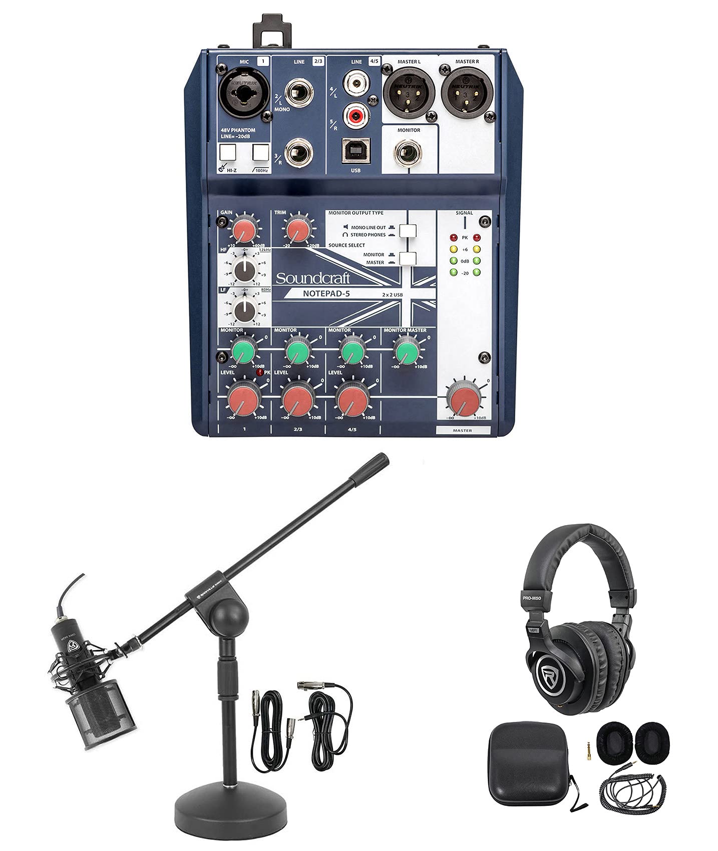Professional Podcast Recording Bundle - Soundcraft Mixer, Studio Headphones, Pro Microphone & Stand for Home Studio, Streaming & Content Creation