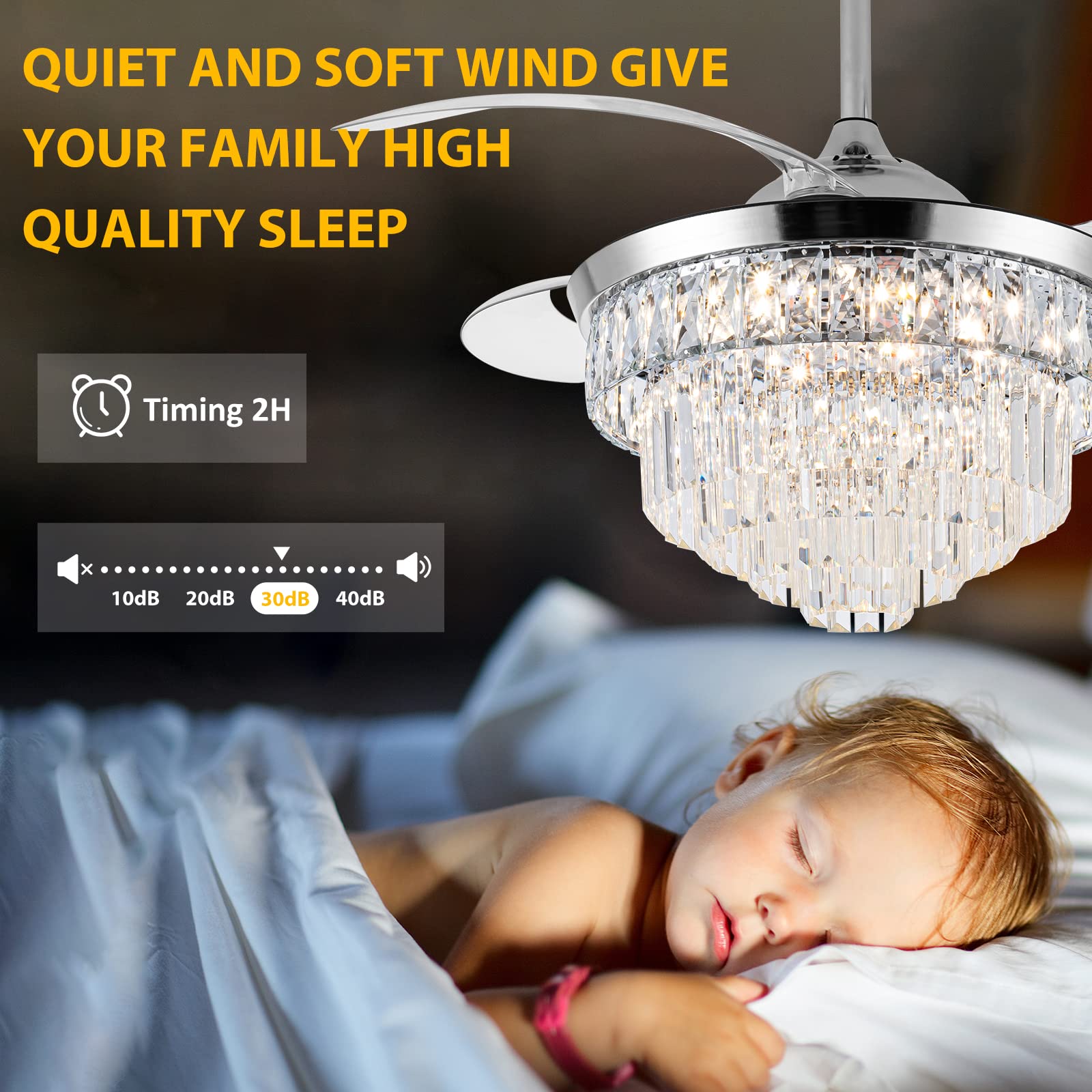 42 Inch Crystal Ceiling Fan with LED Light - Dimmable Modern Chandelier Fan, 6 Speed Retractable Blades for Bedroom, Living Room & Dining Room | Energy Efficient Cooling & Elegant Lighting Solution for Home Decor