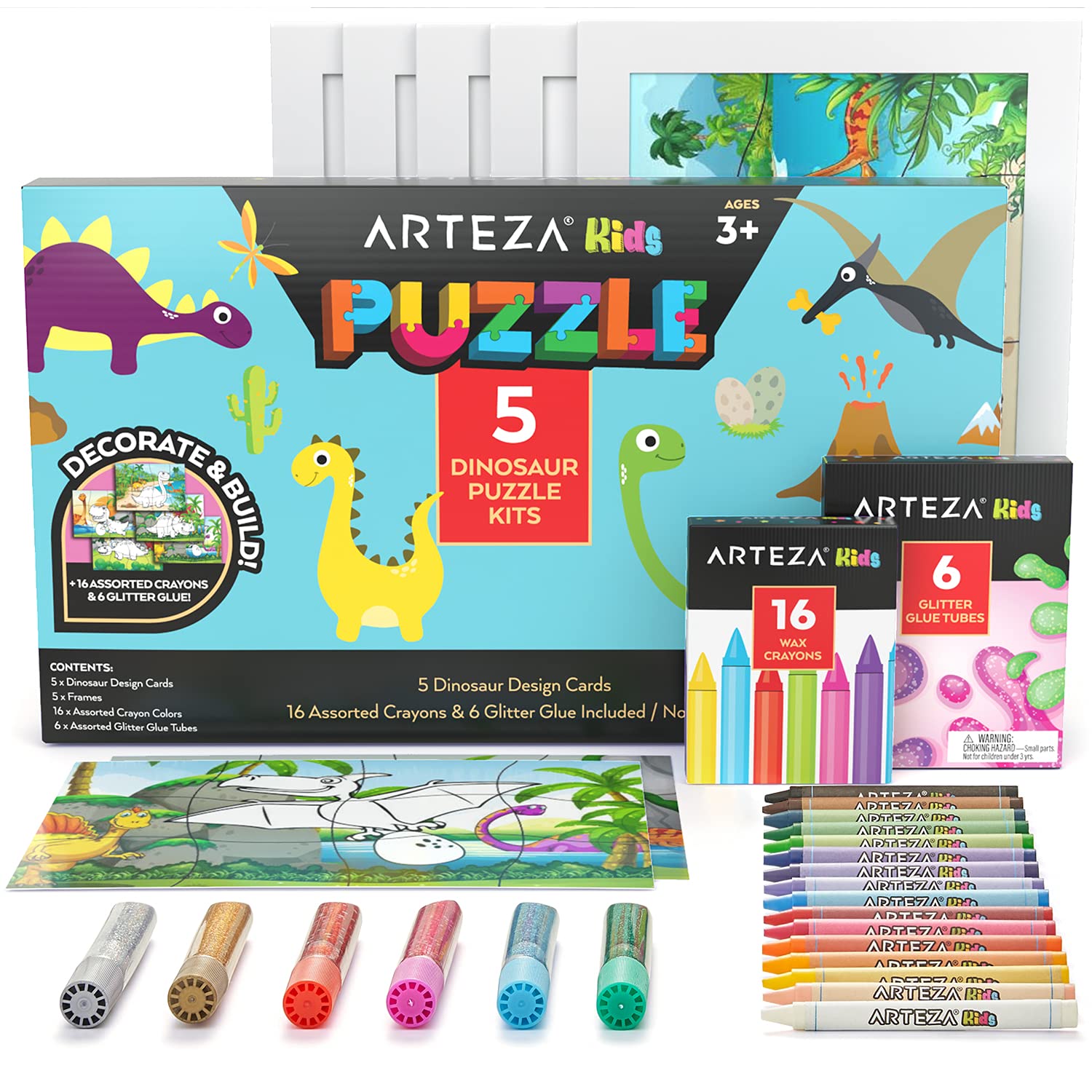 Arteza Kids Dinosaur Coloring Puzzle Kit - 5 DIY Puzzles, 16 Crayons & 6 Glitter Glue Tubes with 5 Display Frames | Screen-Free Art & Craft Activity for Ages 3+ | Perfect for Birthday Gifts, Classroom Projects & Creative Playtime