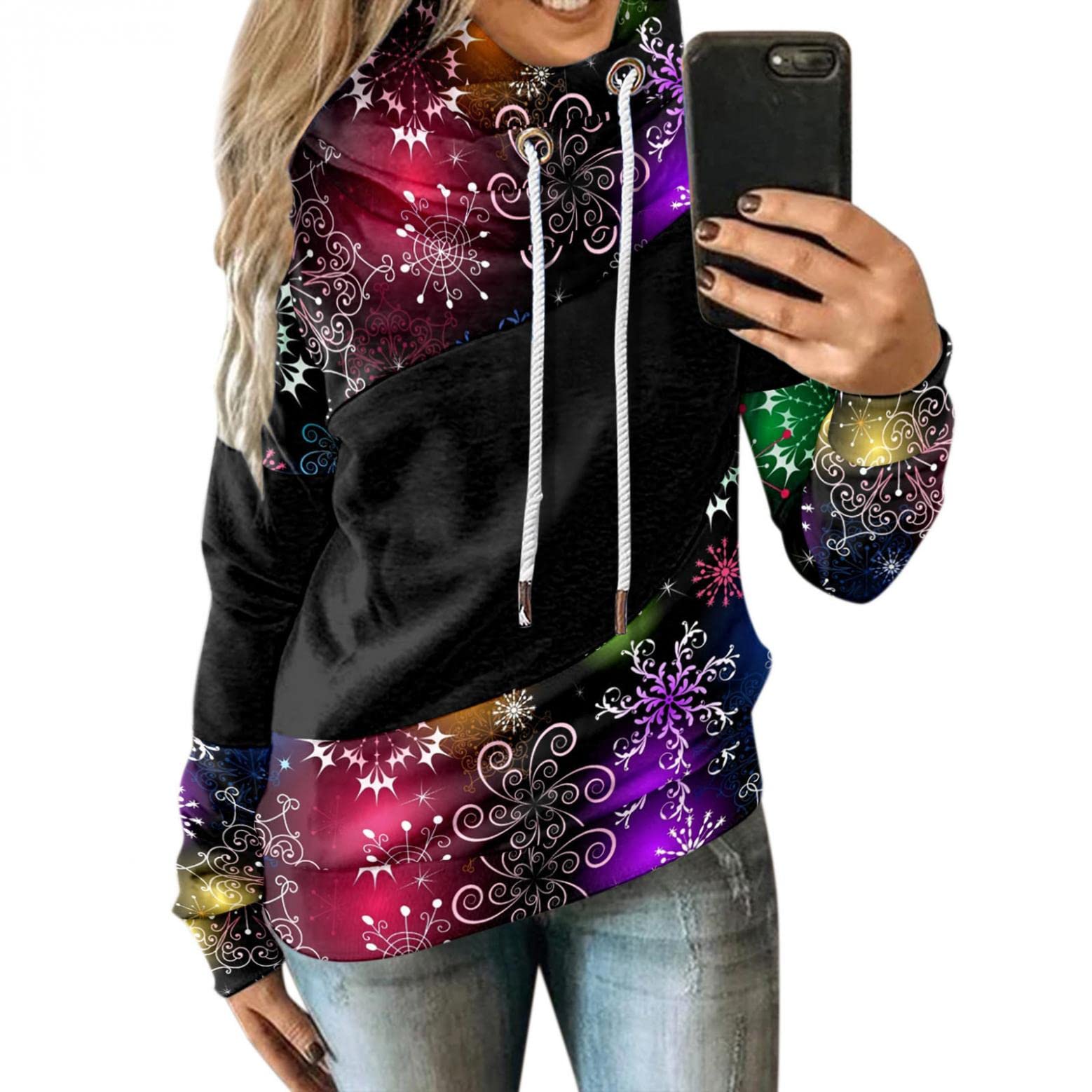 Oiumov Women's Fall Hoodies - Color Block Cowl Neck Long Sleeve Sweatshirt with Drawstring | Casual Pullover Tops for Autumn | Perfect for Outdoor Activities, Coffee Dates and Weekend Errands