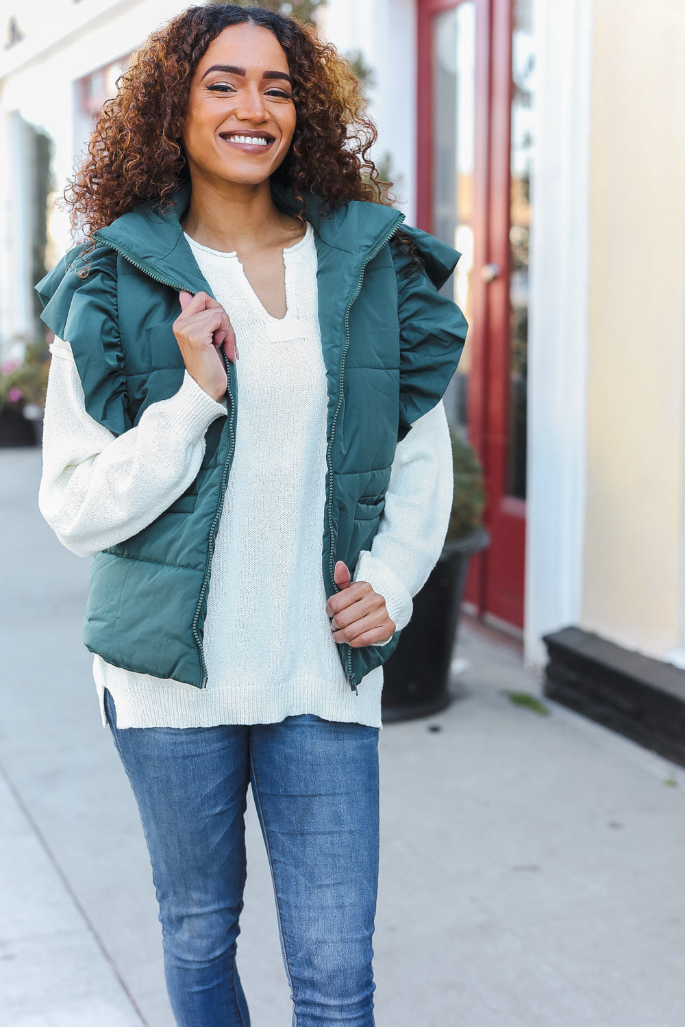 Stylish Hunter Green Quilted Puffer Vest with Ruffle Sleeves & Zipper - Perfect for Winter Fashion, Outdoor Activities & Holiday Outfits