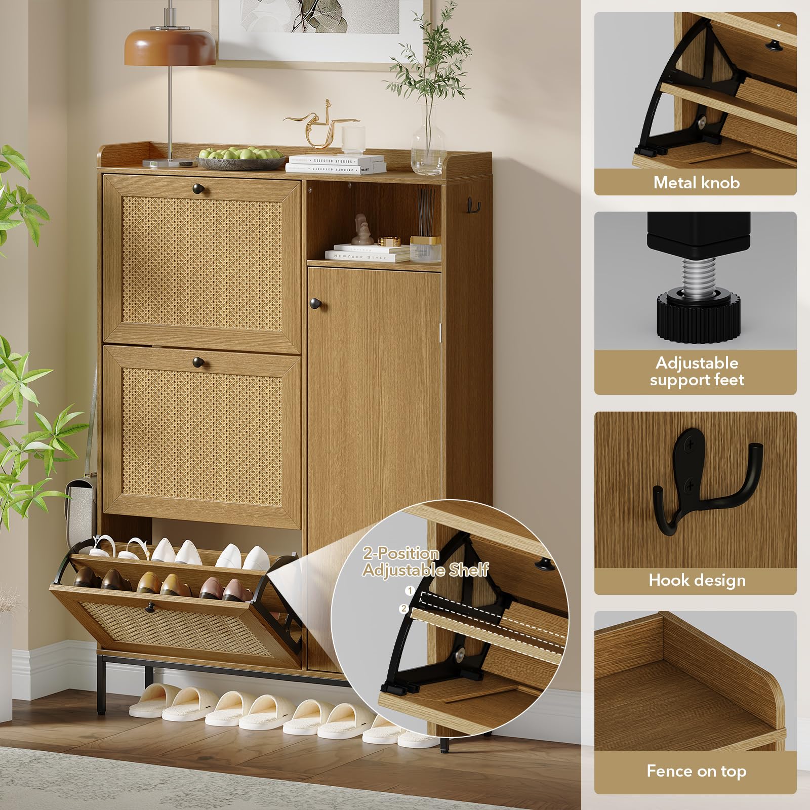 GAOMON Shoe Storage Cabinet with 3 Flip Drawers - Adjustable Rattan Wooden Shoe Rack Organizer for Entryway, Hallway & Living Room - Free Standing Shoe Cabinet for Home Organization & Space Saving
