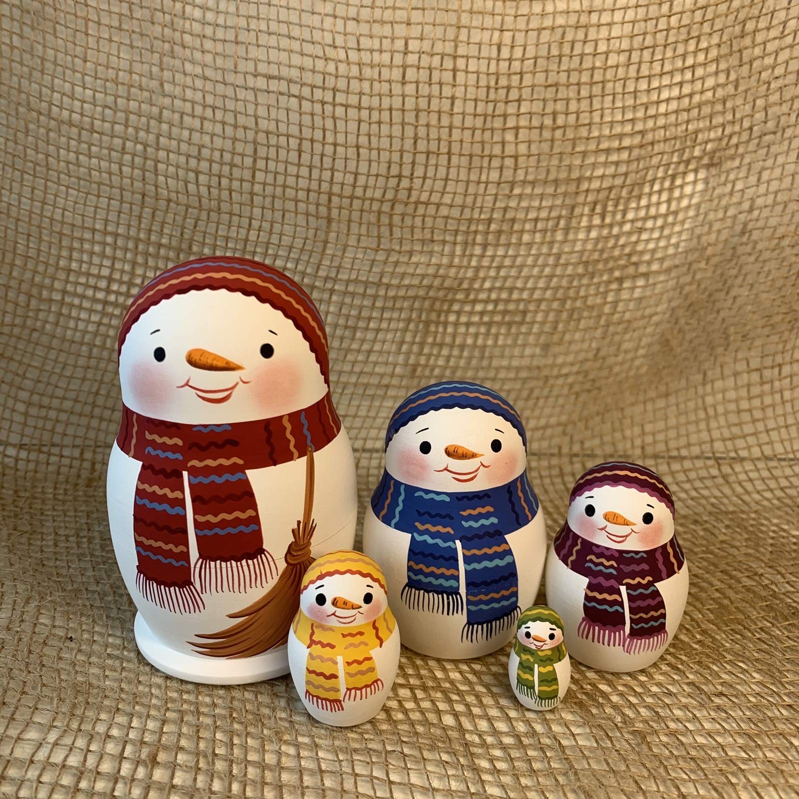 Hand-Painted Russian Nesting Dolls Set of 5 - Snowmen in Scarves Matryoshka | Unique Christmas Gift, Home Decor & Collectible Handmade Toys | Perfect for Holiday Decorations, Gift Exchanges & Slavic Culture Enthusiasts