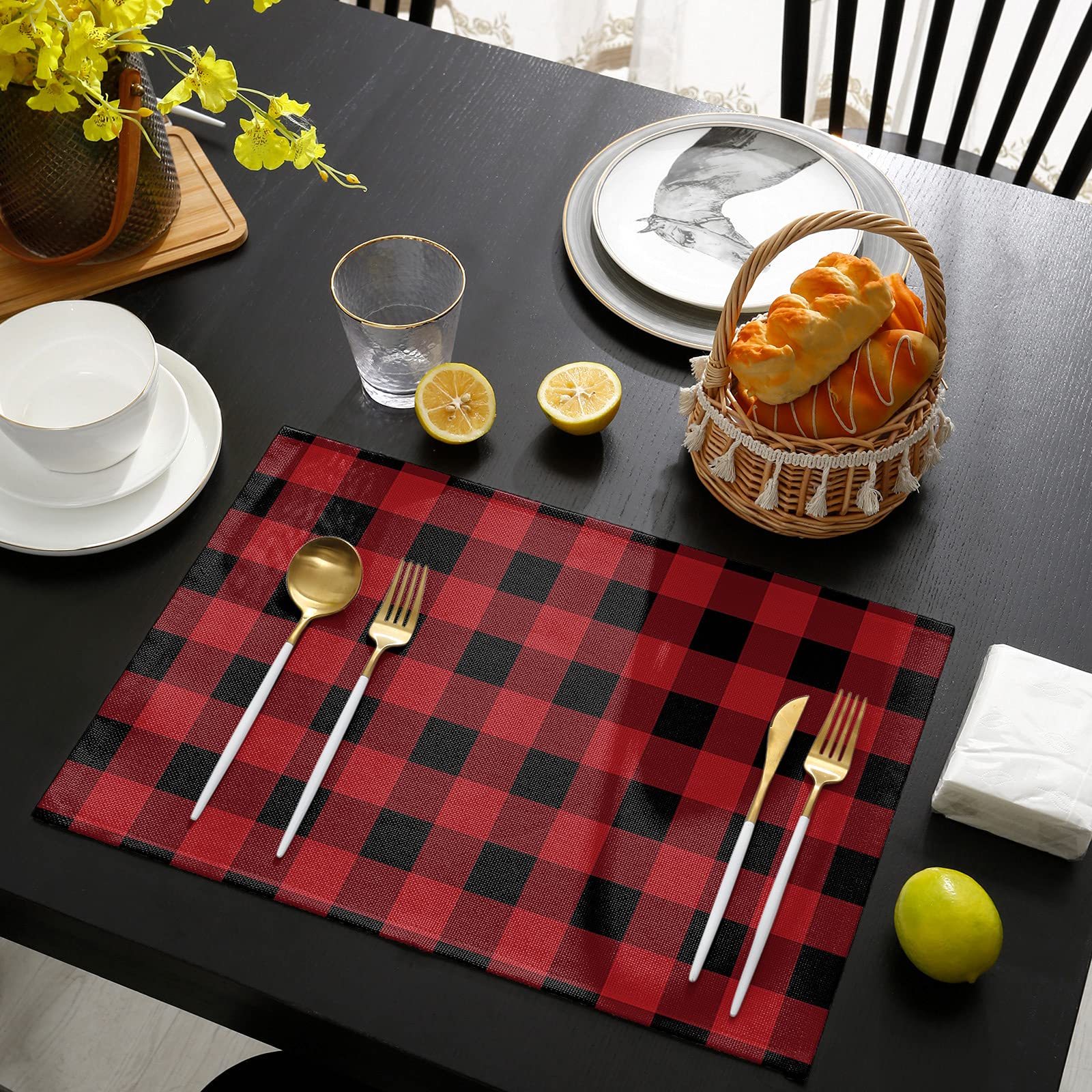 Seven Roses Christmas Placemats Set of 6 - Red Black Buffalo Plaid Holiday Dining Table Mats, Washable Kitchen Decor for Xmas Dinner Party, 13x19 Inch Checkered Table Mats (6 Pack) - Perfect for Festive Holiday Gatherings, Family Dinners & Seasonal Home Decor