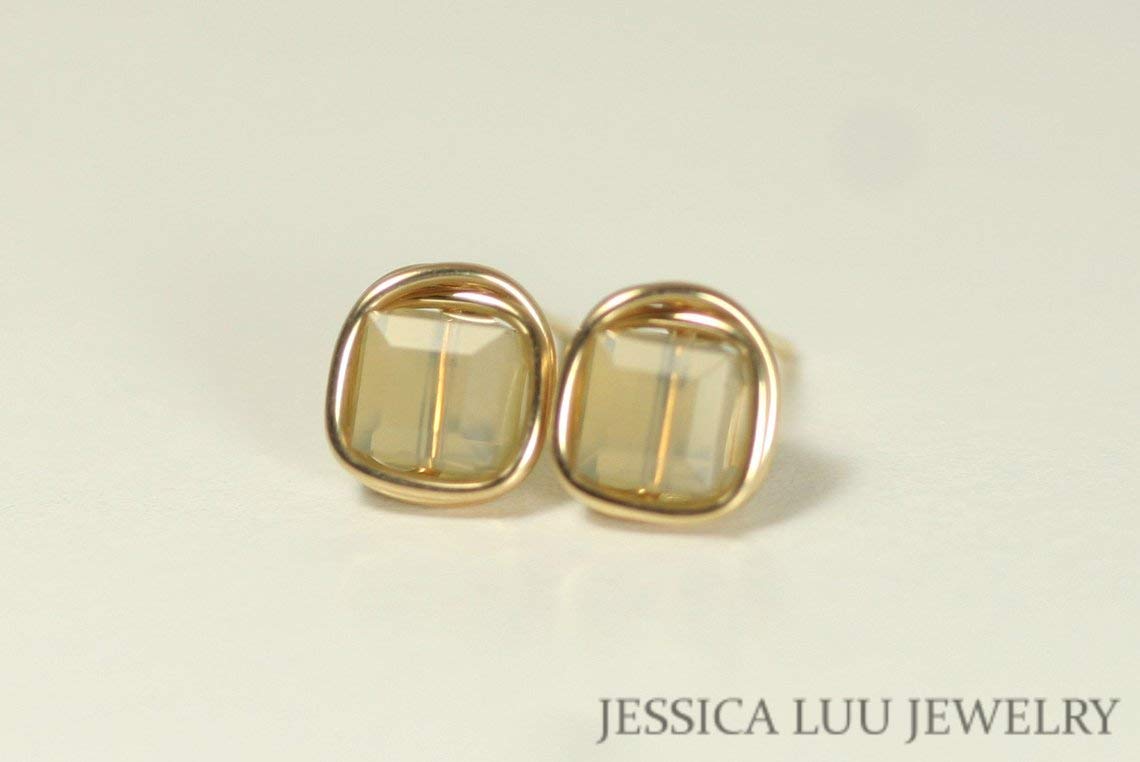 Handmade Gold Tan Stud Earrings with Sand Opal Crystals - Wire Wrapped Boho Jewelry for Women - Perfect for Daily Wear, Parties & Gifts