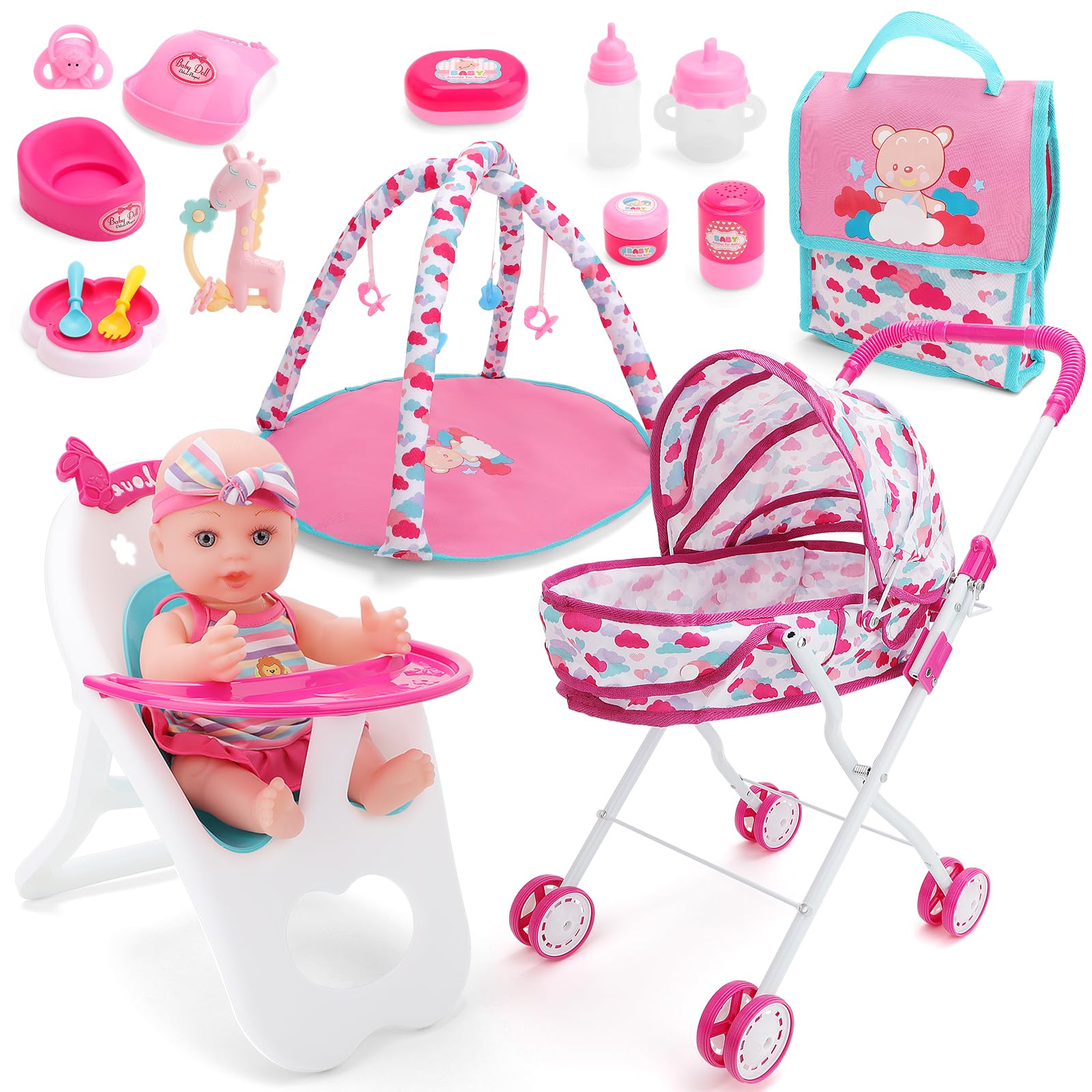 deAO Baby Doll Stroller Set with Nursery Accessories - High Chair, Play Mat, Travel Bag & Feeding Toys for Toddler Role Play | Perfect Gift for Girls | Pretend Play, Indoor Activities & Birthday Presents