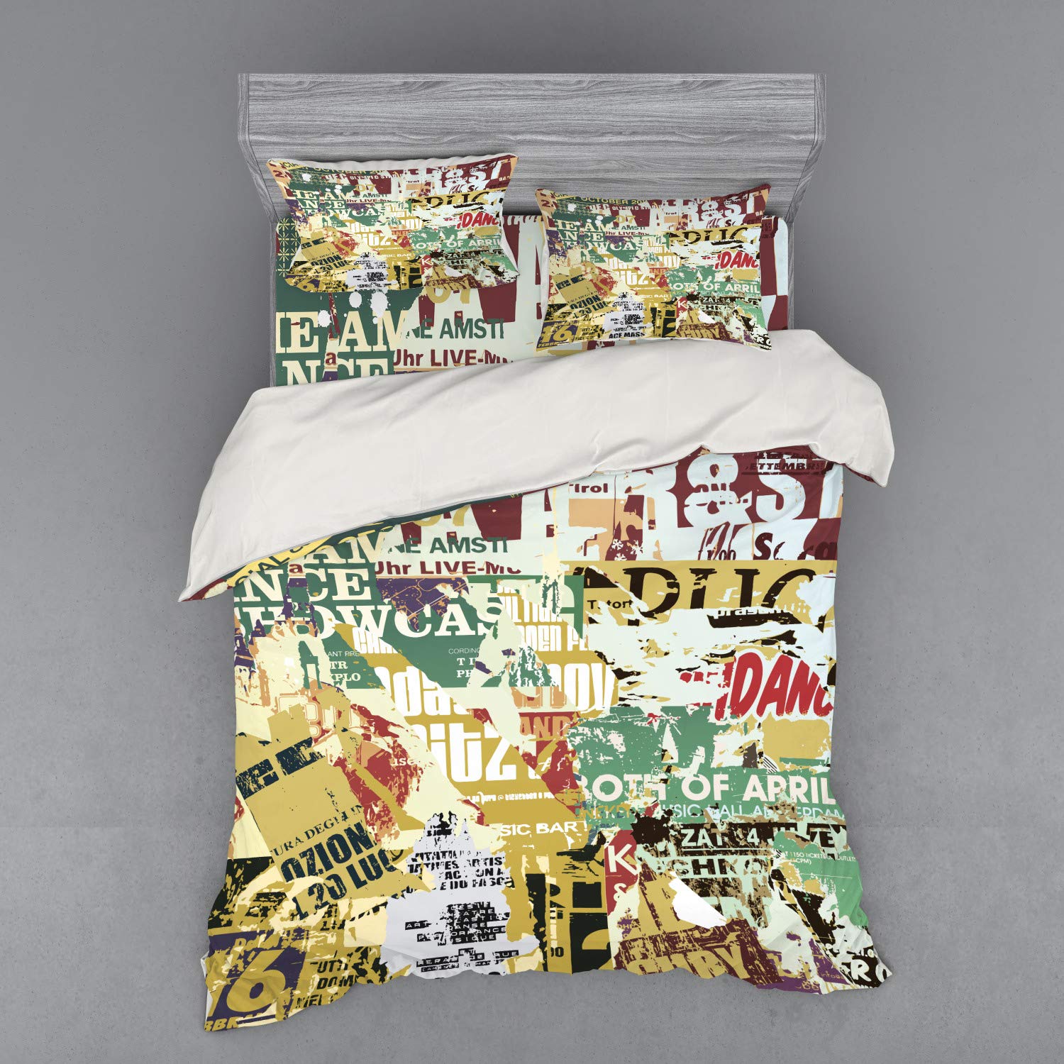 Ambesonne Retro Duvet Cover Set - Grunge Style Collage Print of Vintage Posters, Magazines & Newspapers - 4 Piece Queen Size Bedding Set with Shams & Fitted Sheet - Perfect for Bohemian & Industrial Decor Bedrooms
