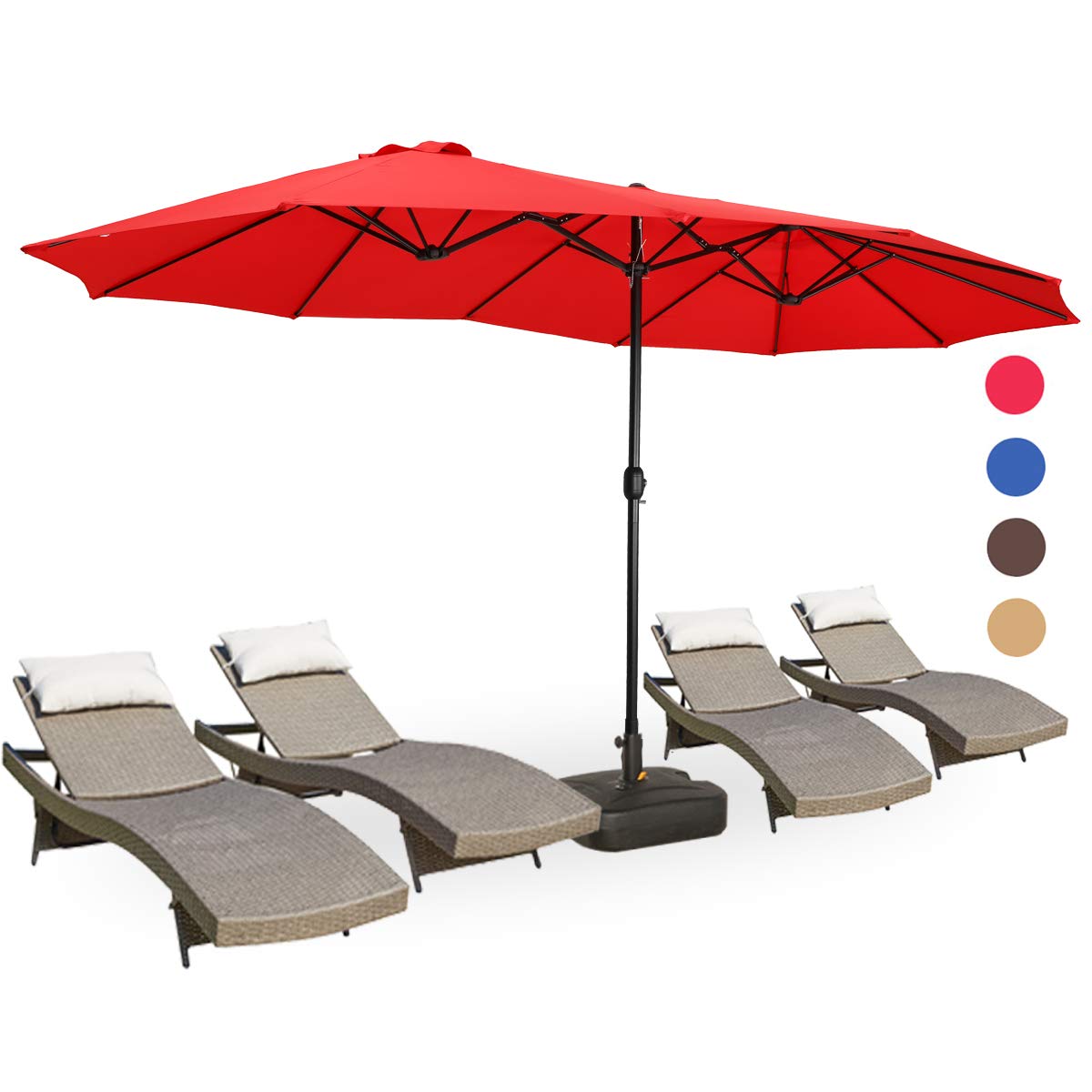 15Ft Double-Sided Patio Umbrella with Crank Handle & Base - Extra Large Outdoor Market Umbrella for Backyard, Poolside, and Commercial Use