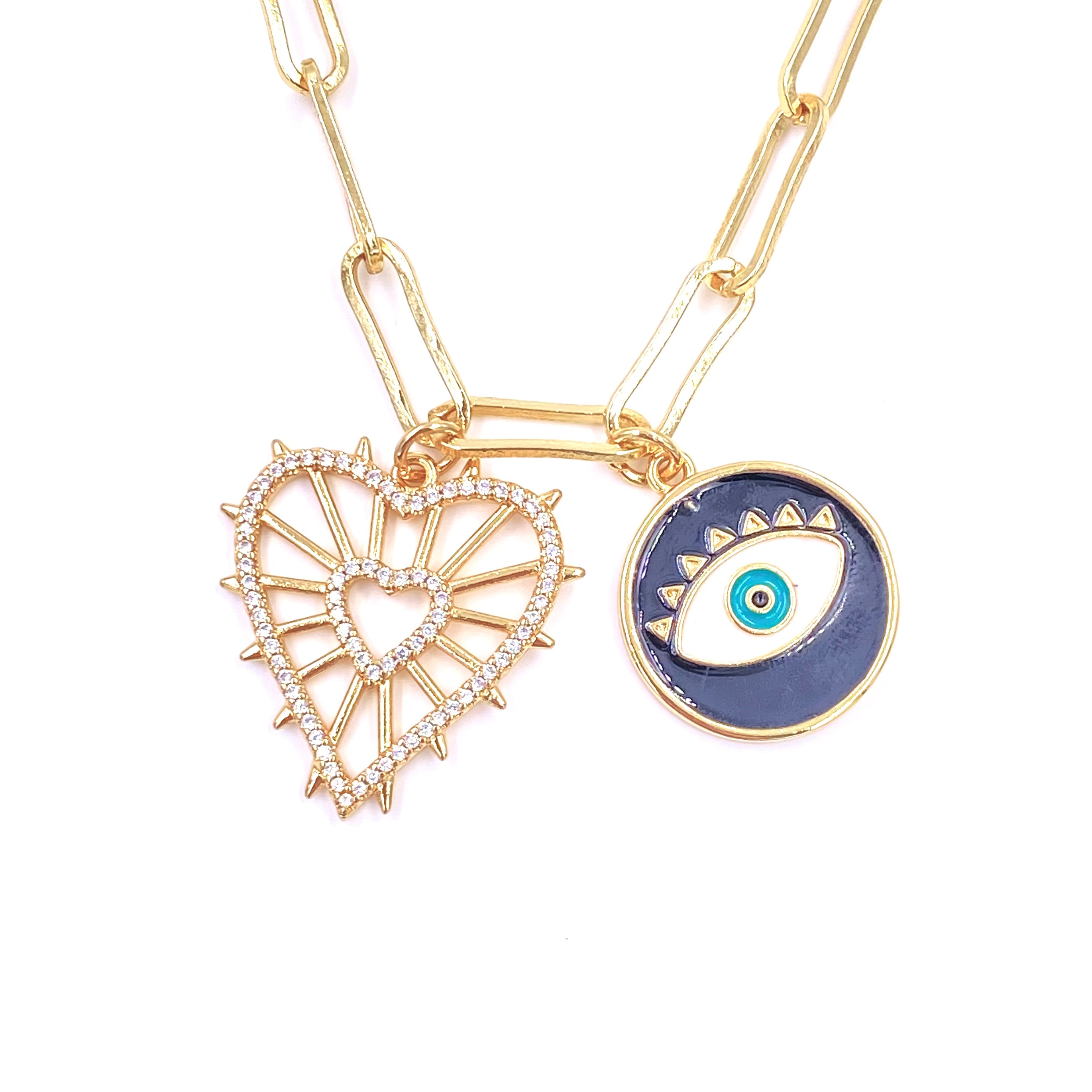 Ashley Gold Stainless Steel Gold Plated CZ Heart & Evil Eye Double Charm Necklace for Women - Perfect for Valentine's Day Gifts, Birthday Presents & Everyday Jewelry