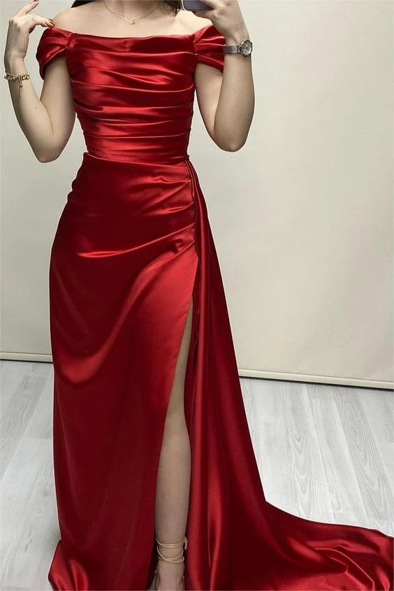 Elegant Off-The-Shoulder Red Evening Gown with High Slit - Long Prom Dress J3814 for Formal Events, Parties & Special Occasions