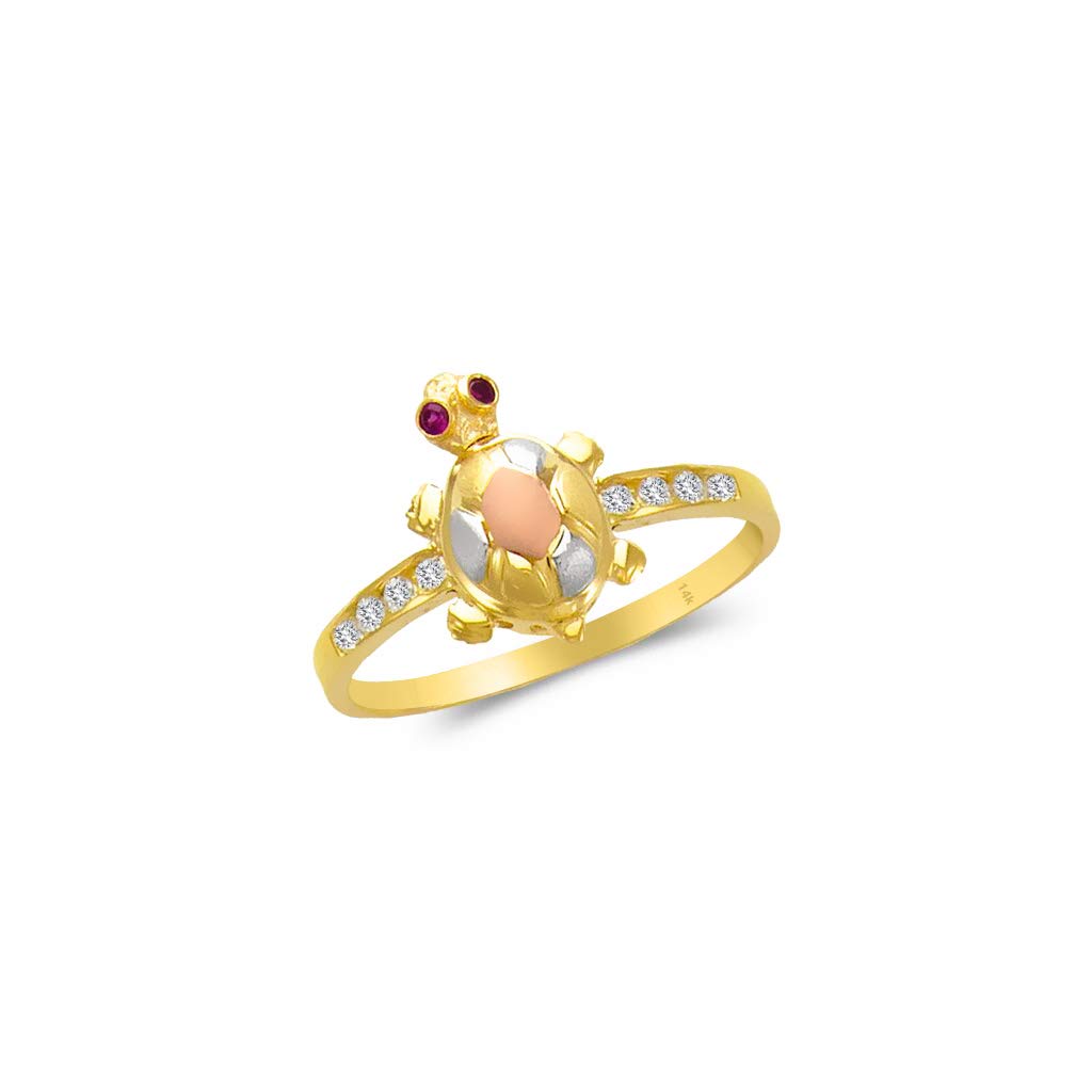 14K Tricolor Gold Turtle Ring for Women - Elegant Rose, White & Yellow Gold Jewelry Gift - High Polish & Satin Finish - 15mm Center Stone - Perfect for Birthdays, Anniversaries & Everyday Wear