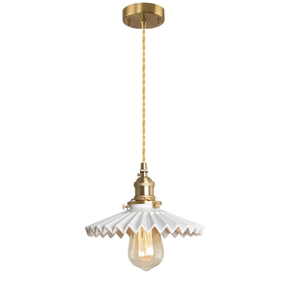 White Ceramic Pendant Light Fixture with On/Off Switch - Pleated Chandelier Design with E26 Socket - 7.87 Inch Diameter - Perfect for Kitchen Island, Dining Room, Hallway & Modern Home Decor Lighting