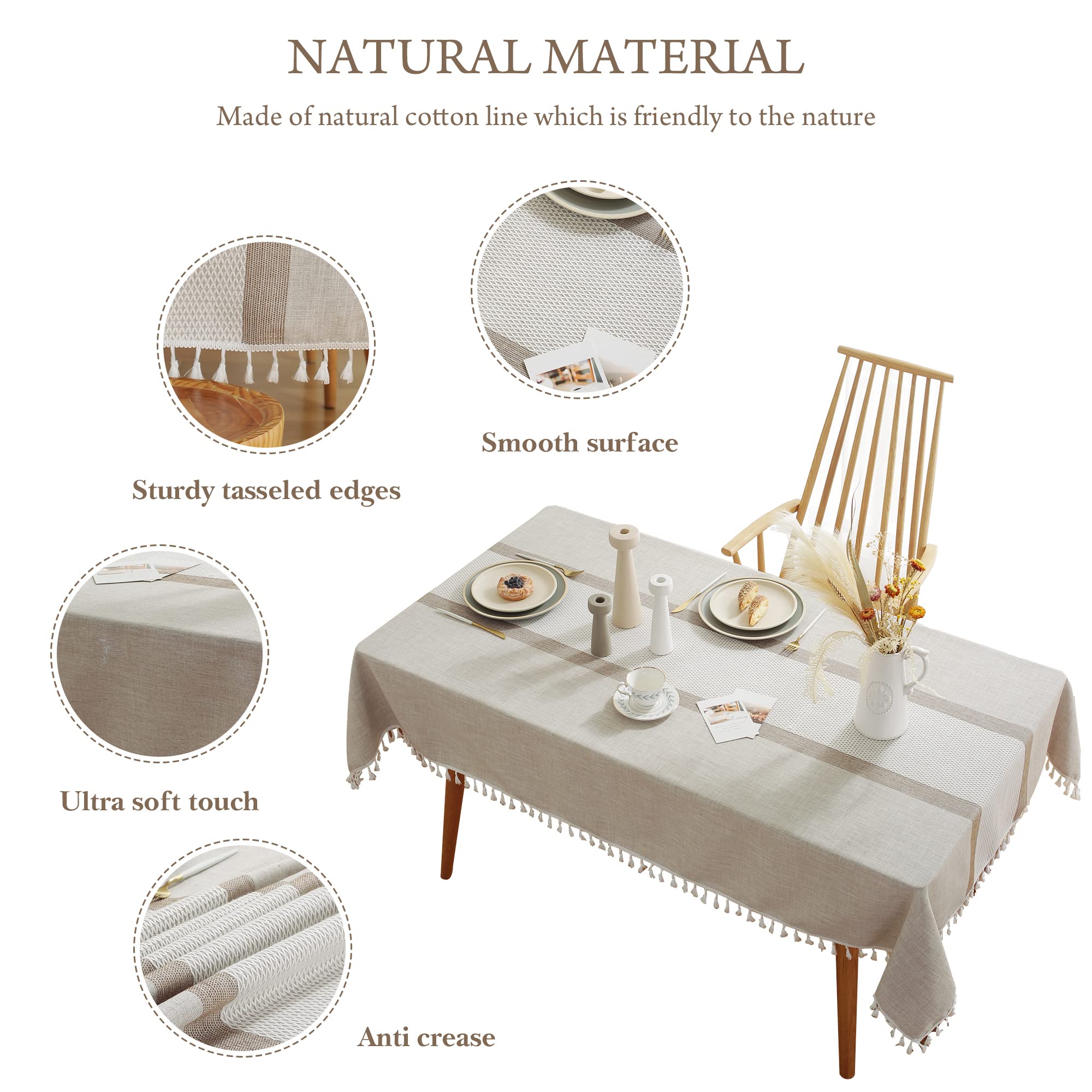 Embroidered Tassel Tablecloth for Dining Table - Double Stripe Coffee Design, 55 x 71 Inch Rectangle/Oblong Table Cover for 4-6 Seats | Perfect for Fall, Christmas, Parties & Everyday Dining Decor